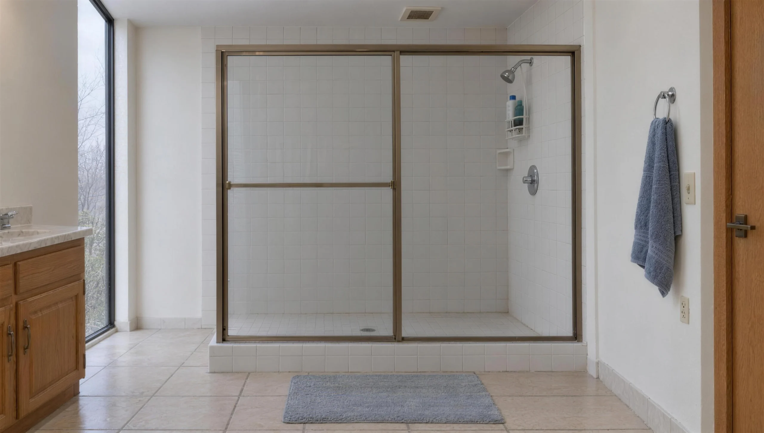 The same shower before remodeling: a curbed tile shower with a framed sliding door, old floor tile and an oak vanity