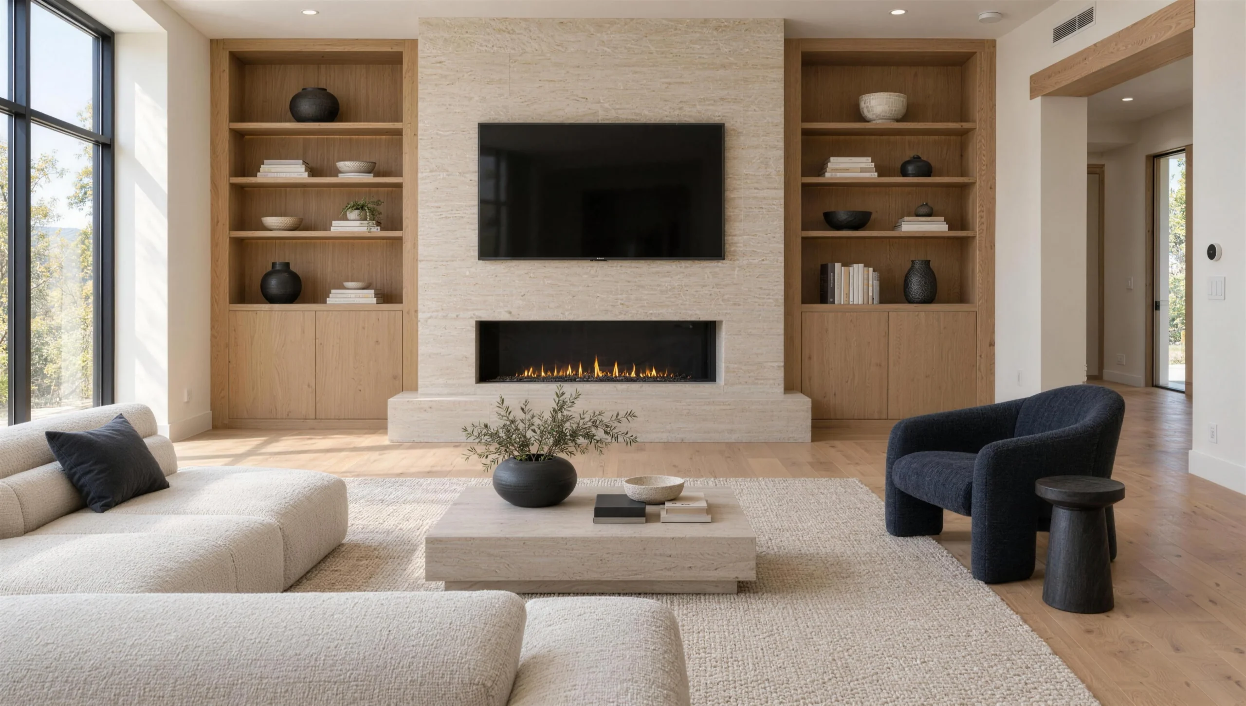 The same living room after remodeling, with a stone fireplace wall, oak built-ins and oak floors