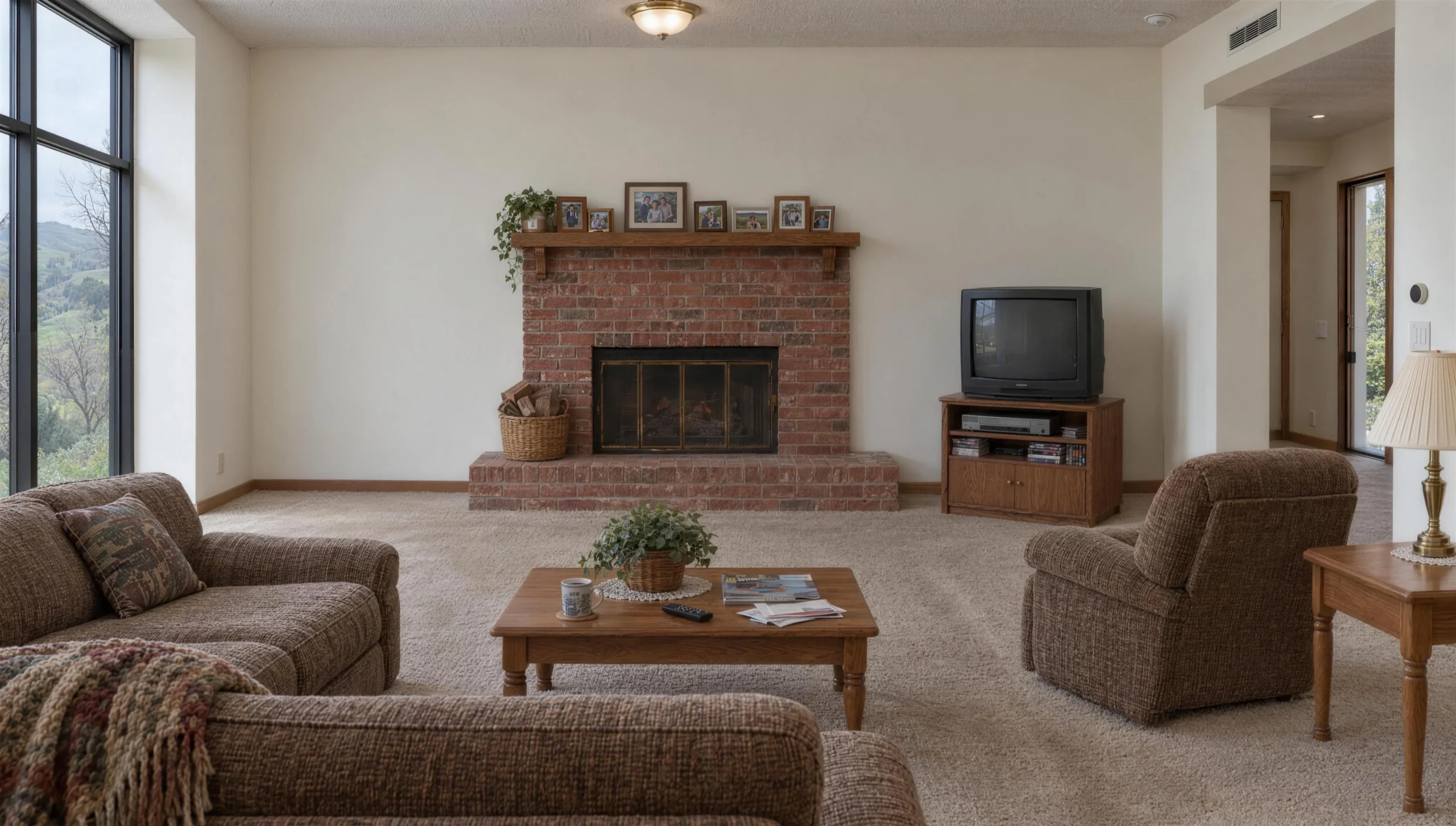 The same living room before remodeling: a brick fireplace, beige carpet and tweed furniture on a grey winter day