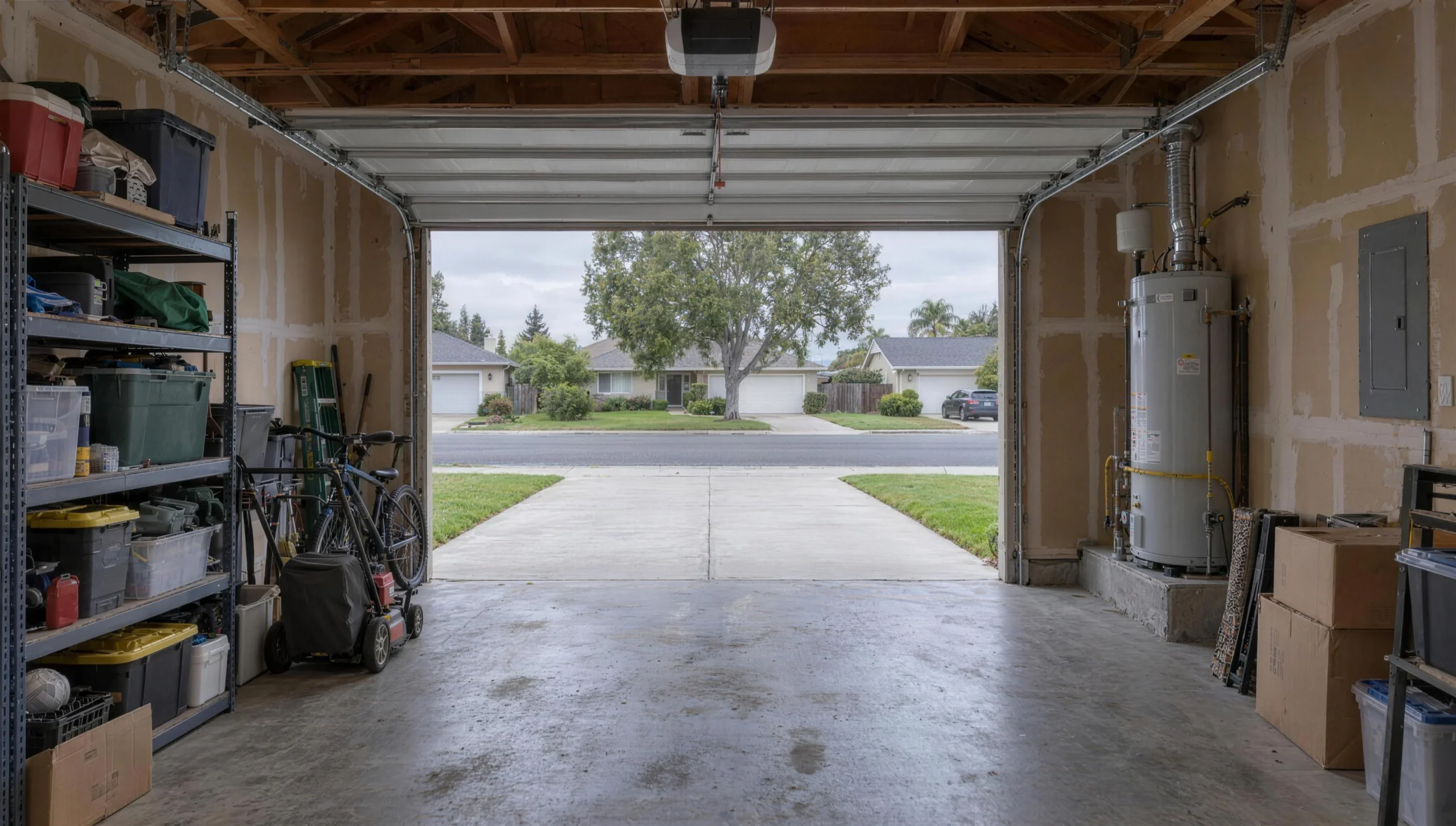 The same garage before conversion, its door open to the driveway and street, with storage shelves and a water heater