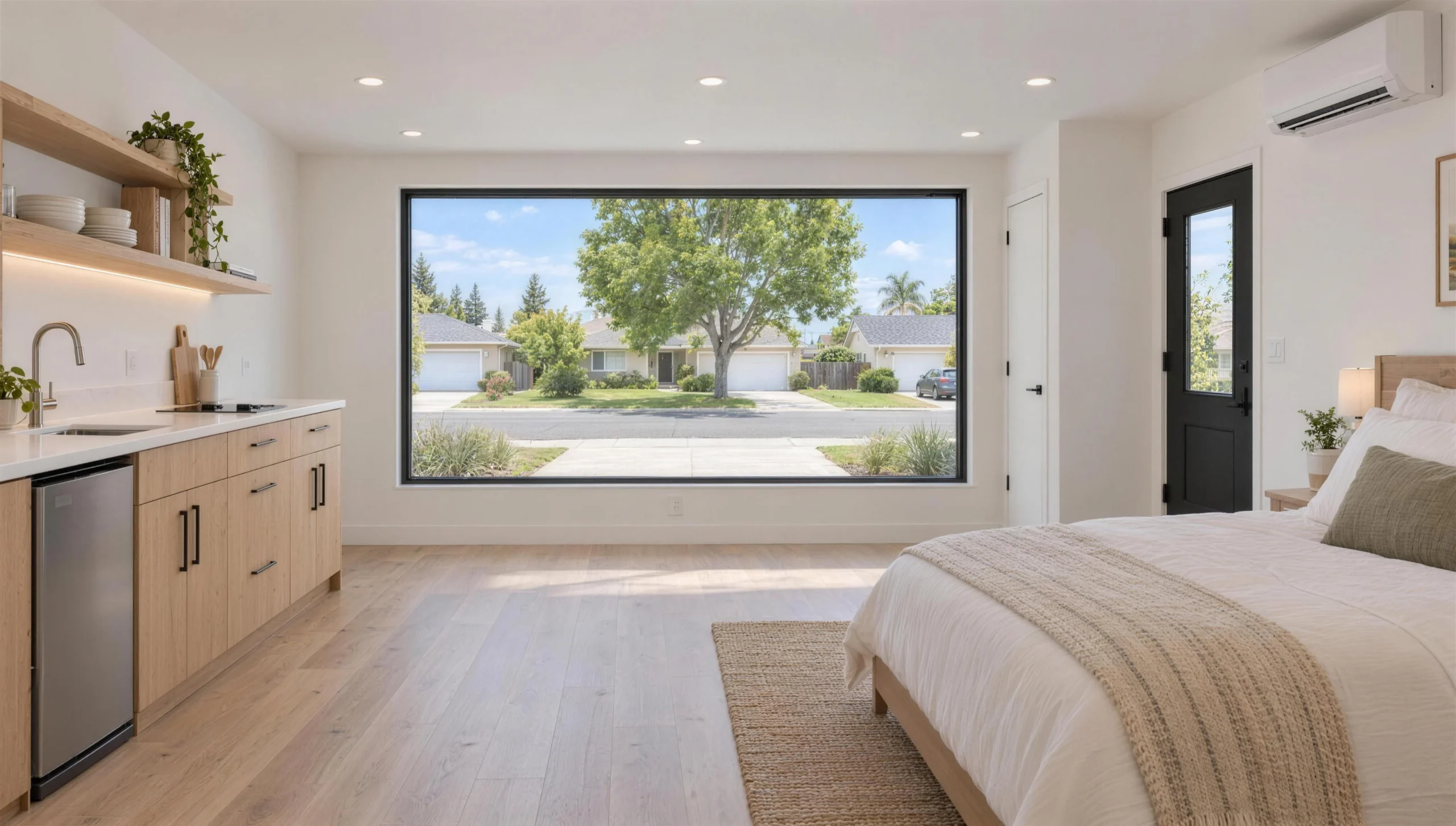 The same garage converted into a guest studio: the garage door opening is now a wall with a large window facing the driveway, with a kitchenette and its own entry door