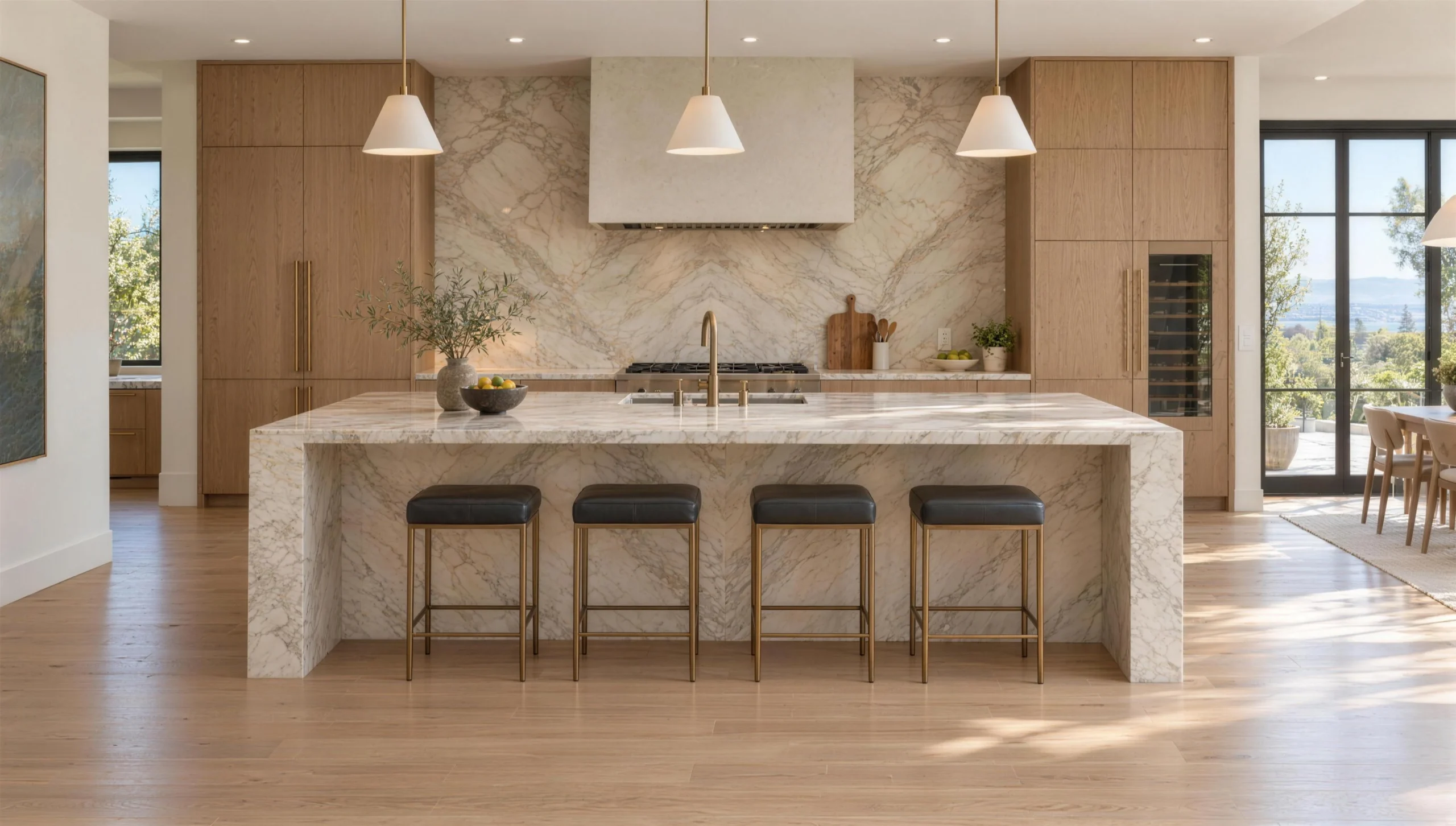 The same kitchen after remodeling, with a marble waterfall island and warm oak cabinetry