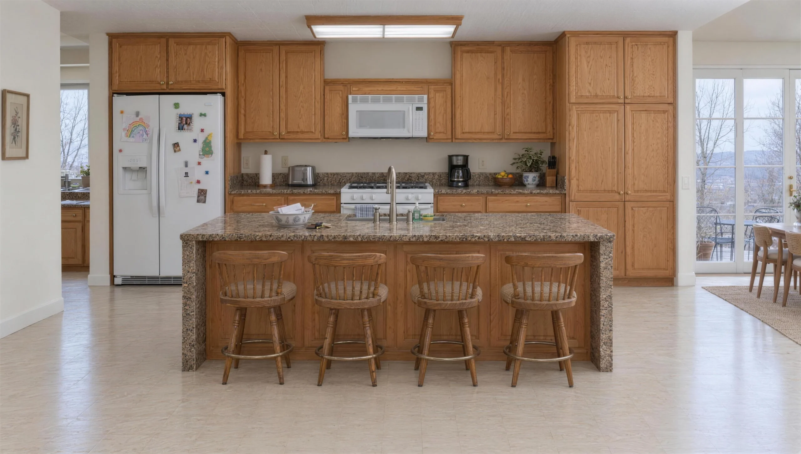 The same kitchen before remodeling: honey-oak cabinets, speckled granite, white appliances and wooden swivel stools