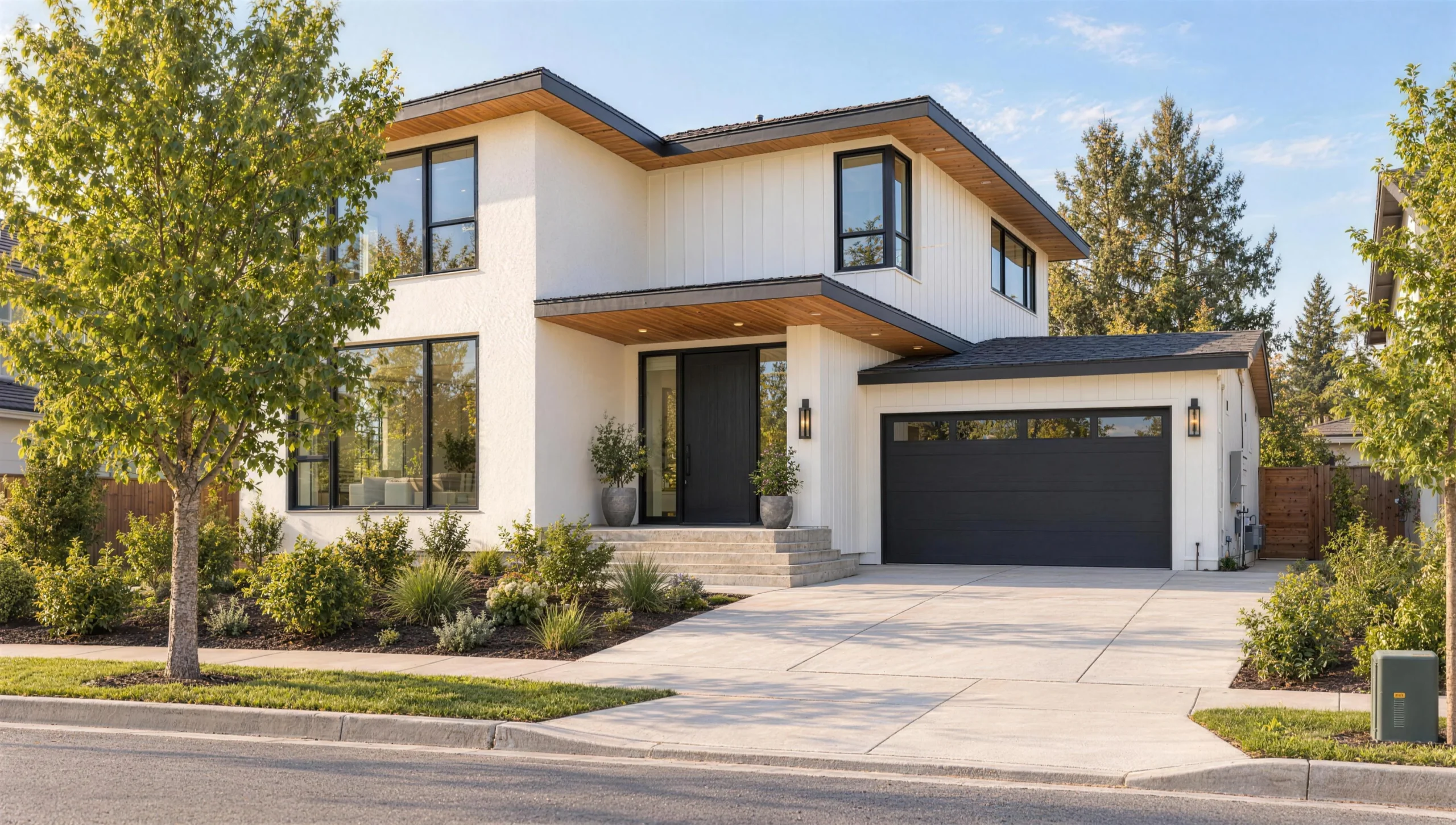 The finished custom home on the same lot about 18 months later, with the street trees grown in