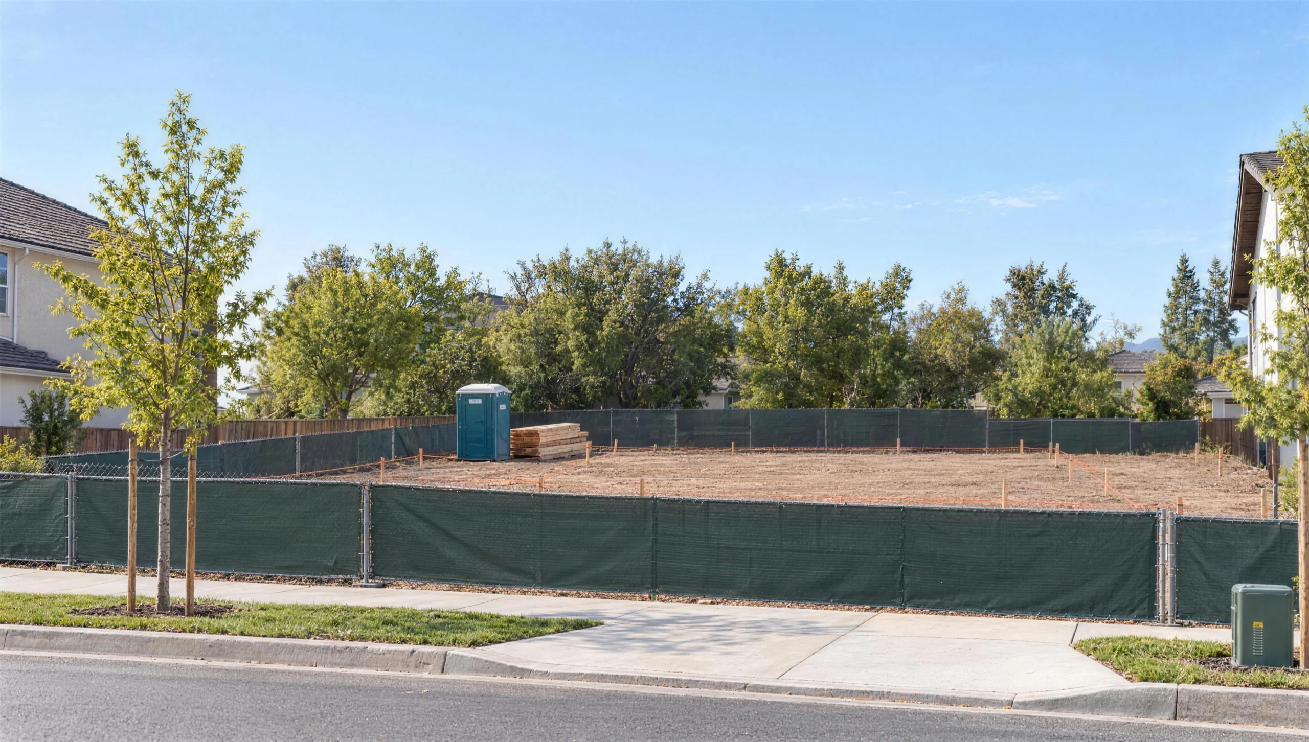 The same lot before construction, cleared, fenced and staked out