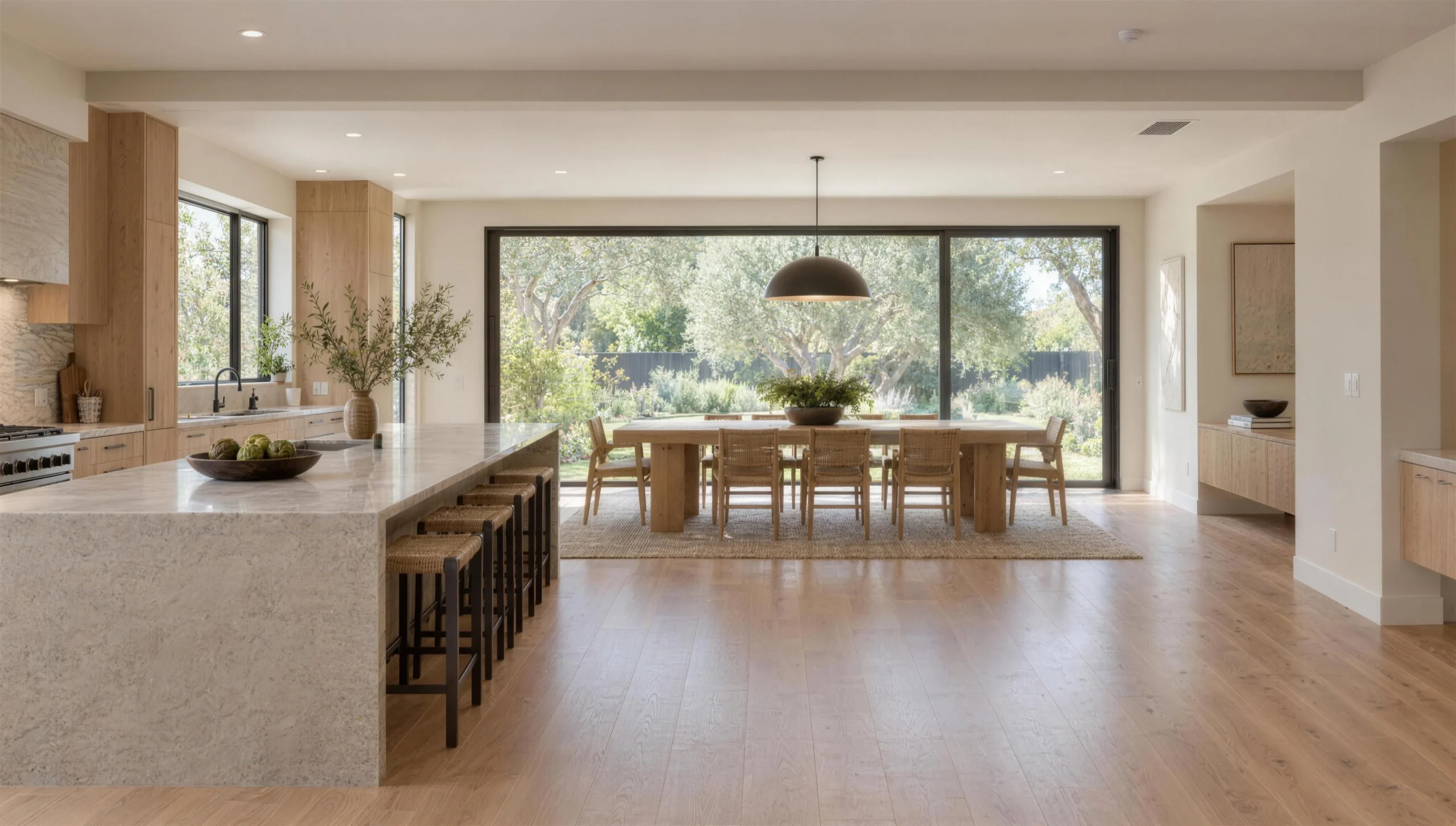 The same space after the wall was removed, with the kitchen open to the dining area