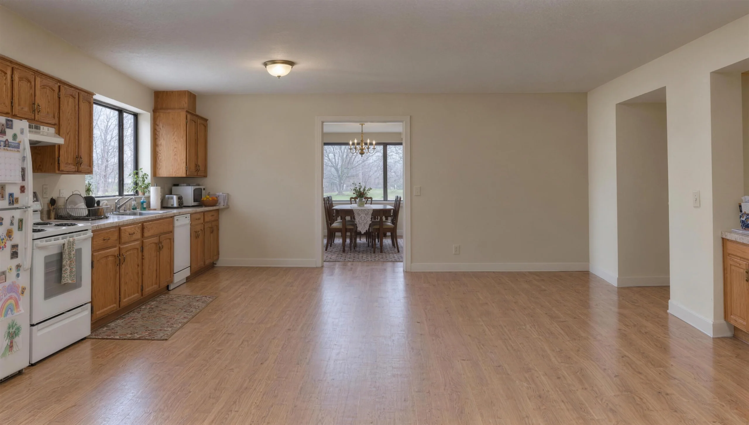 The same space before remodeling, with the kitchen closed off from the dining room by a wall