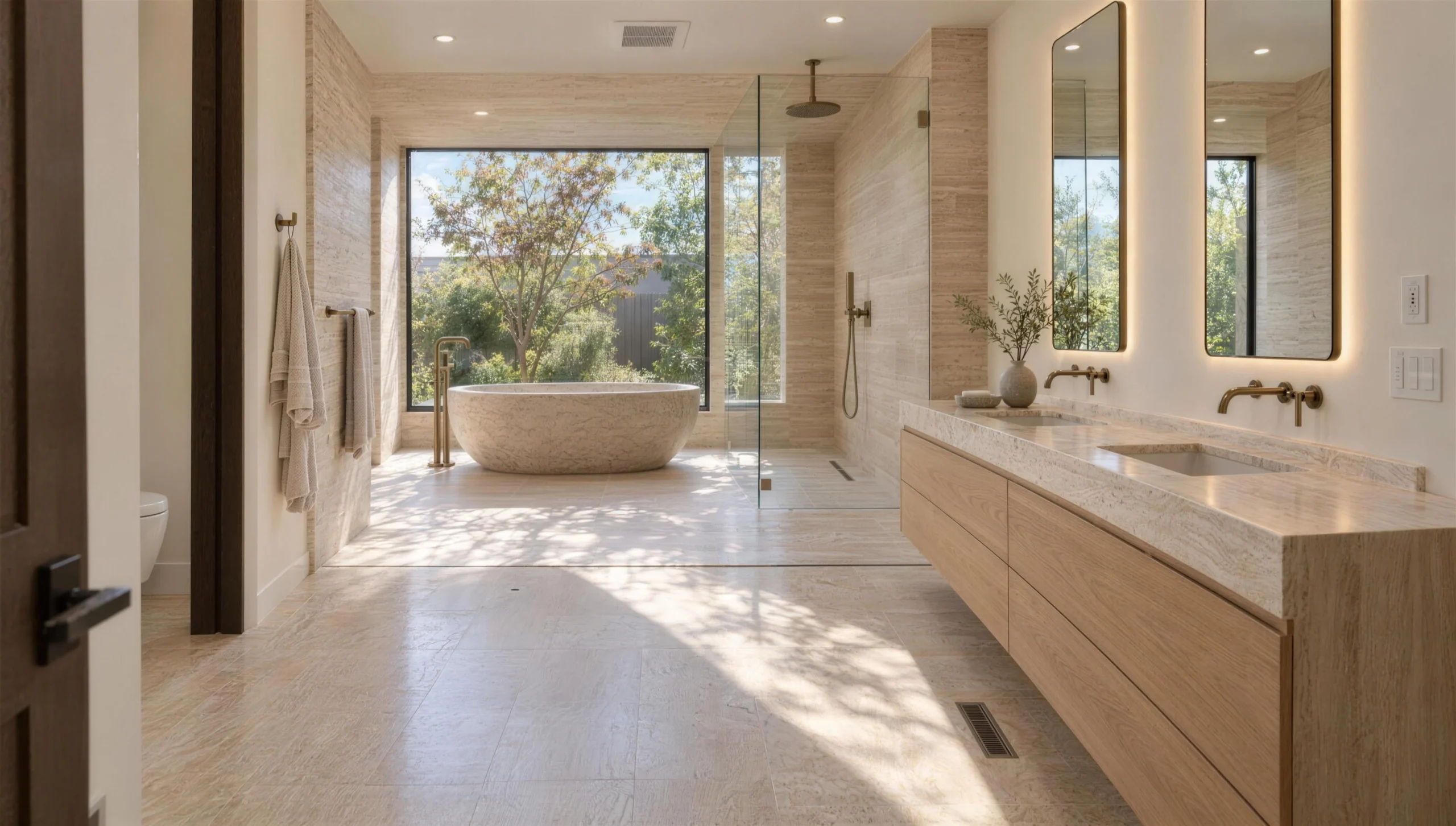 The same bathroom after remodeling, with a stone soaking tub, walk-in shower and floating oak vanity