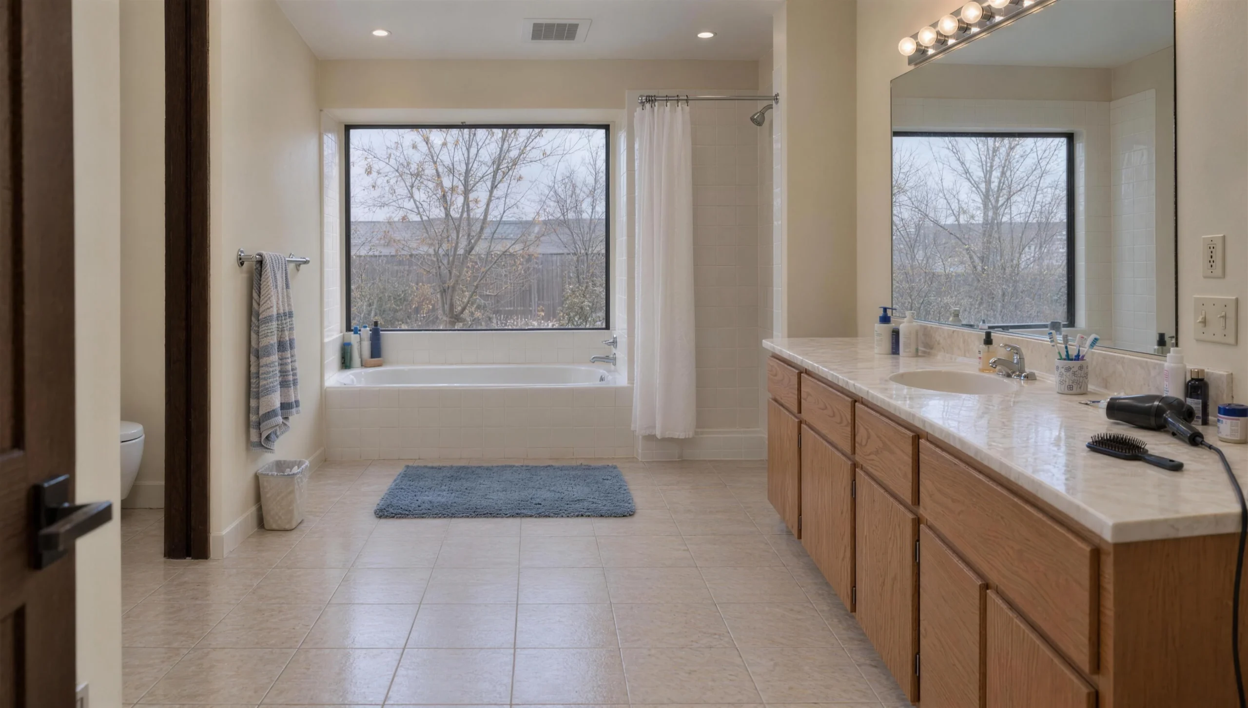 The same bathroom before remodeling: an alcove tub with a curtain, a dated oak vanity and everyday clutter