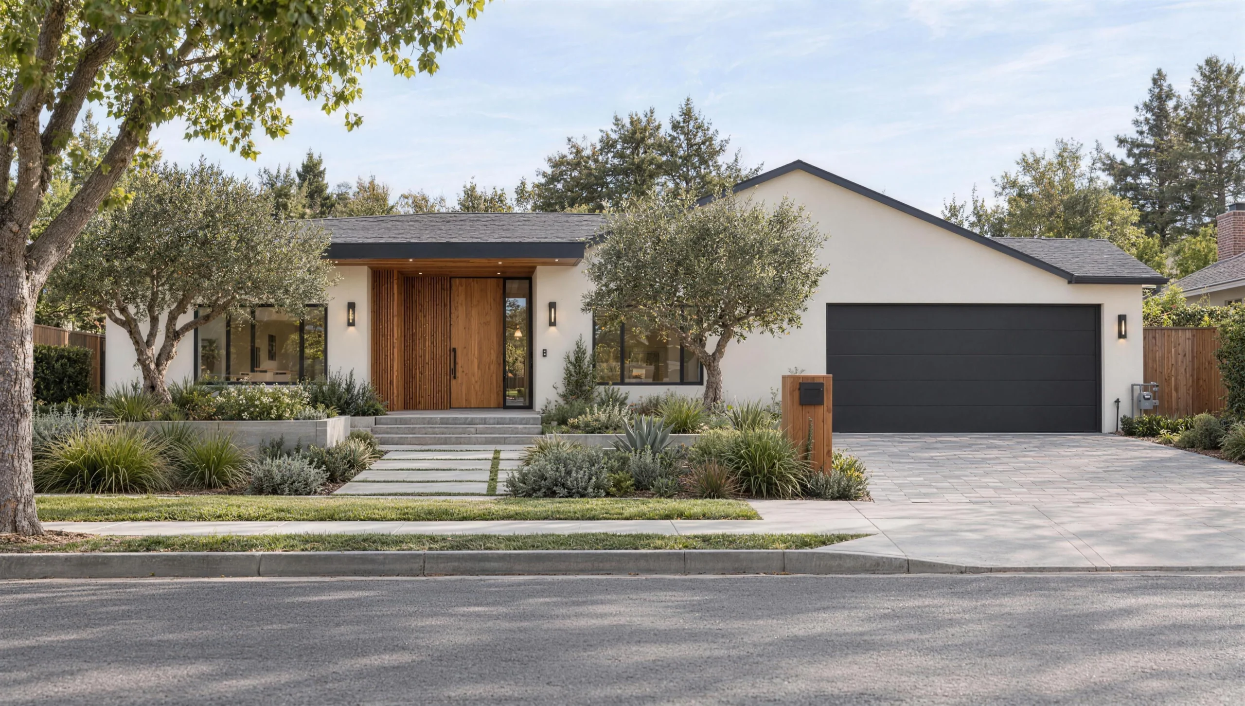 The same house after the exterior remodel, with new stucco, a cedar entry, black windows and a new driveway