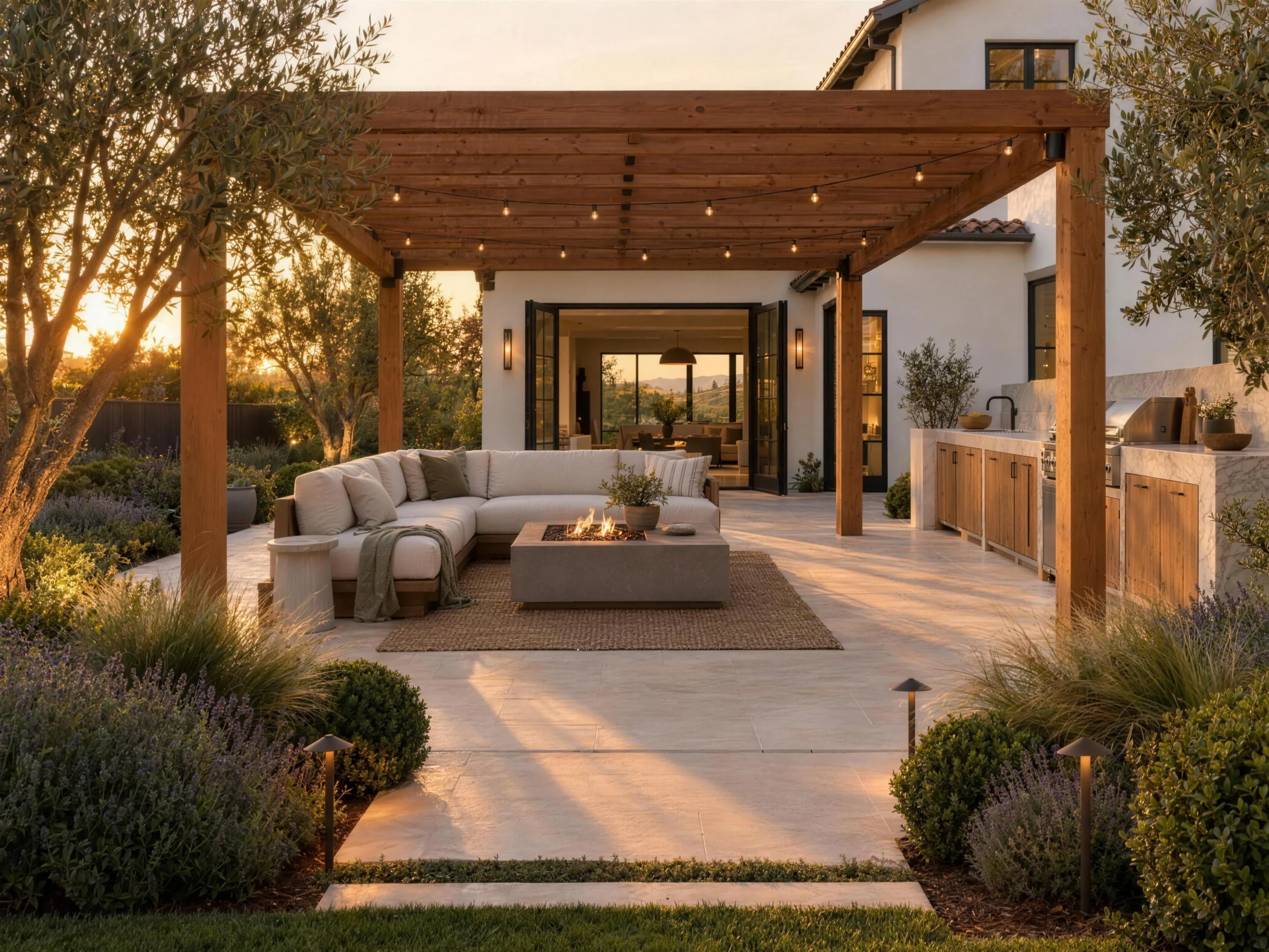 Backyard remodel with a cedar pergola over a limestone patio, outdoor kitchen, fire table and lavender gardens
