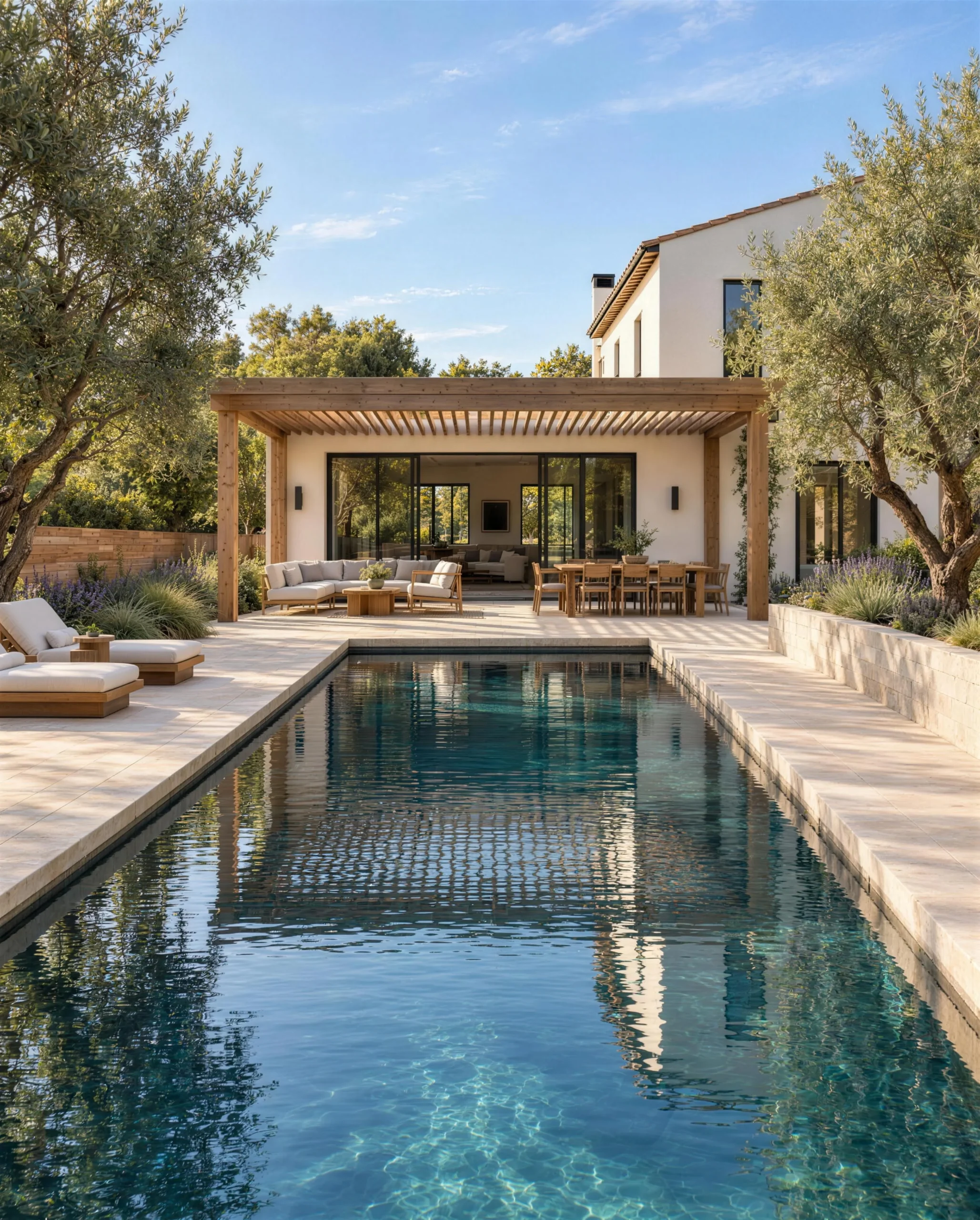 Backyard remodel with a long pool, limestone terrace and timber pergola