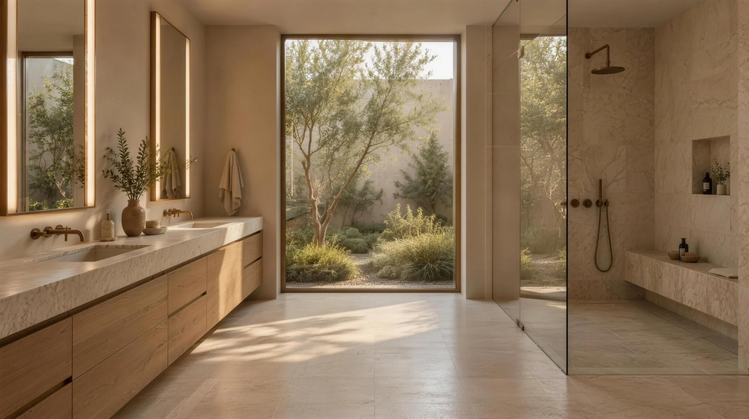 Bathroom remodel in San Jose with a double oak vanity and a limestone wet room
