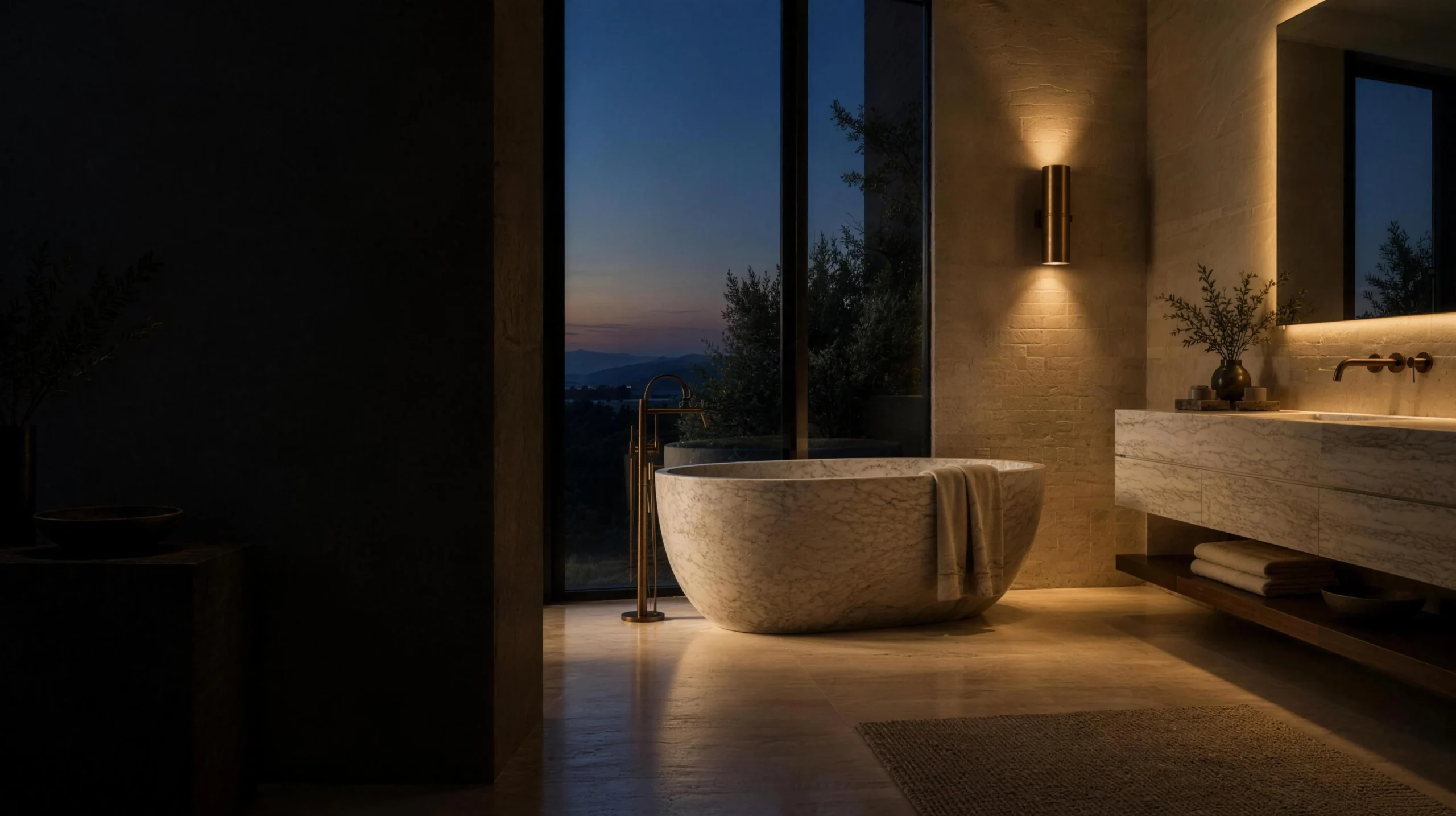 Bathroom remodel at dusk with a freestanding stone tub and warm sconce light