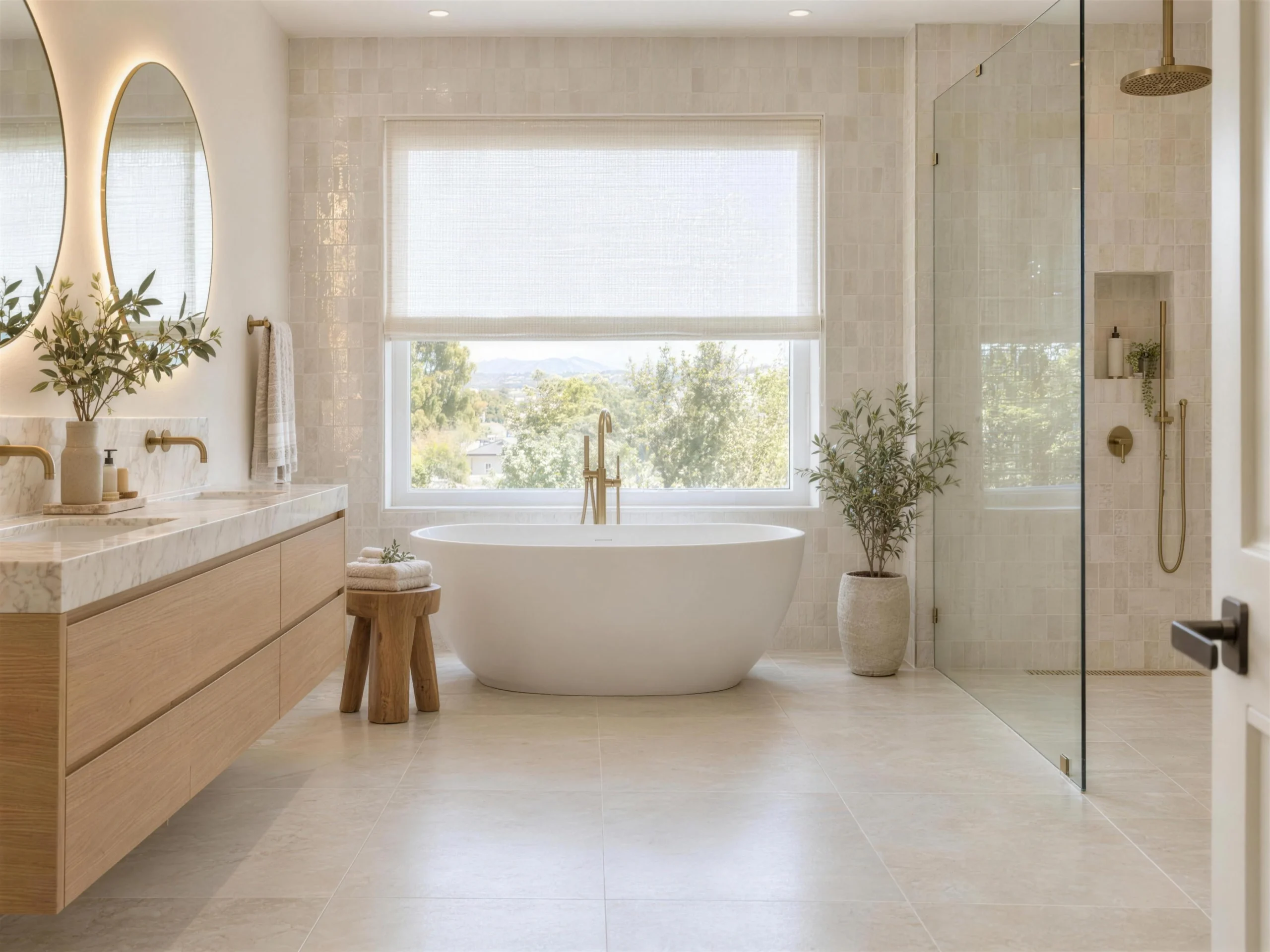Remodeled primary bathroom with a freestanding soaking tub, curbless glass shower and white-oak double vanity
