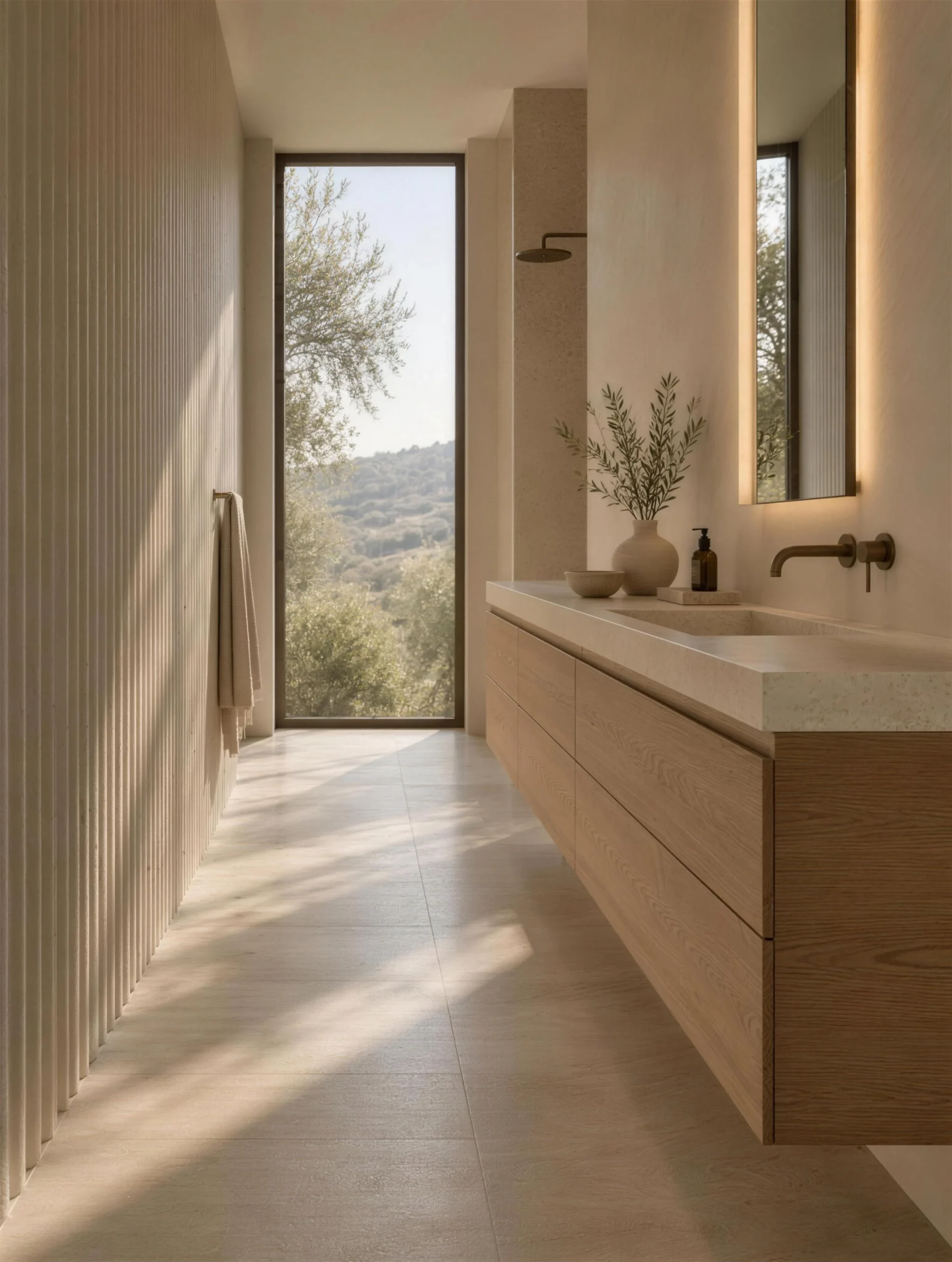 Bathroom remodel with a wall-hung oak vanity and a tall window beyond