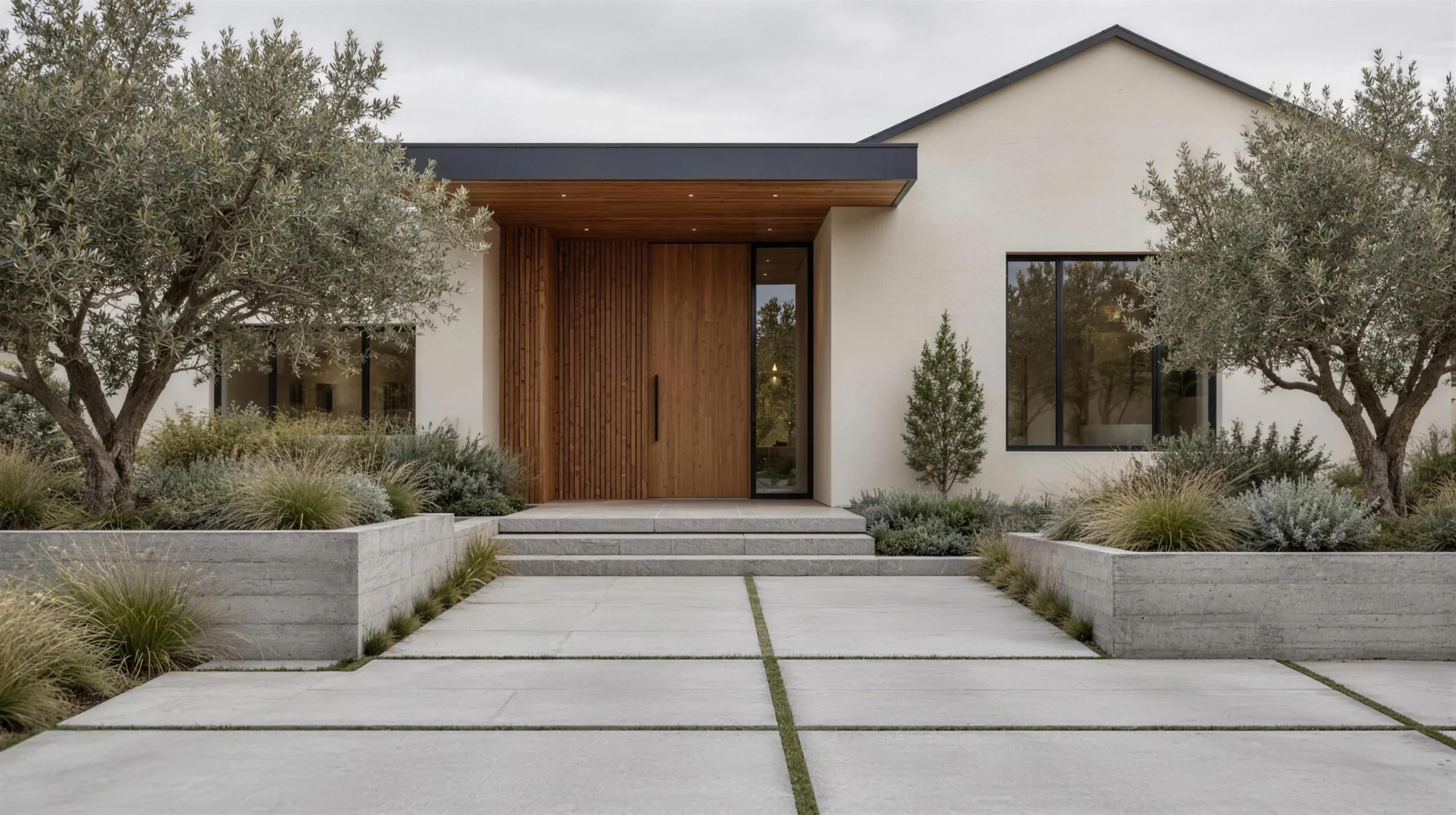 Remodelled facade with cedar entry volume and new paver driveway