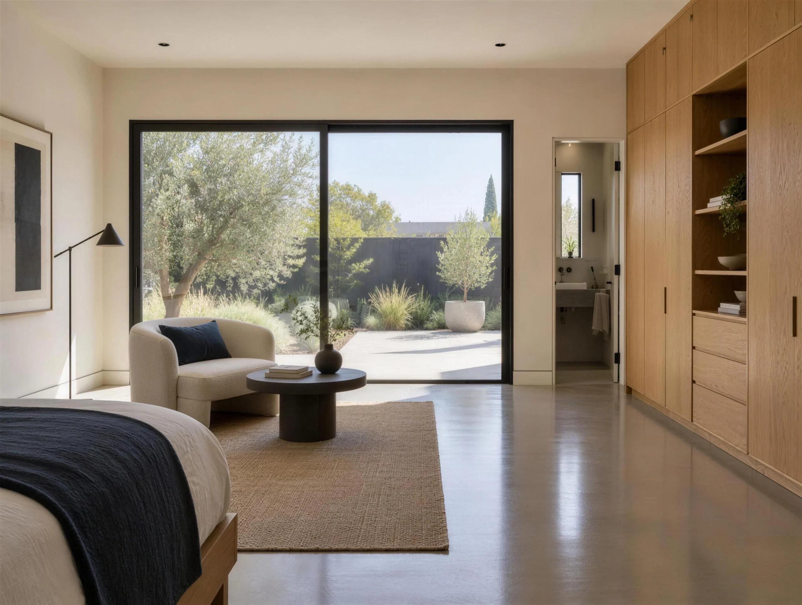 Converted garage studio with polished concrete floor