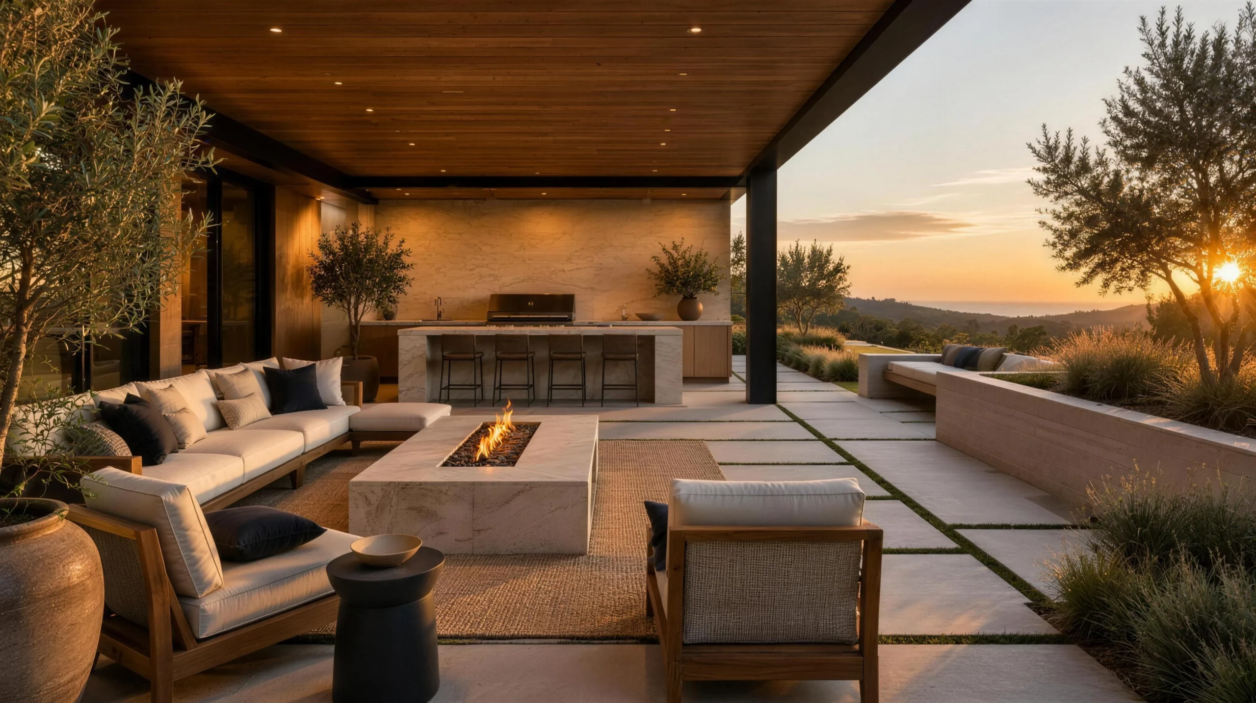 Covered outdoor living room with a built-in kitchen and firepit