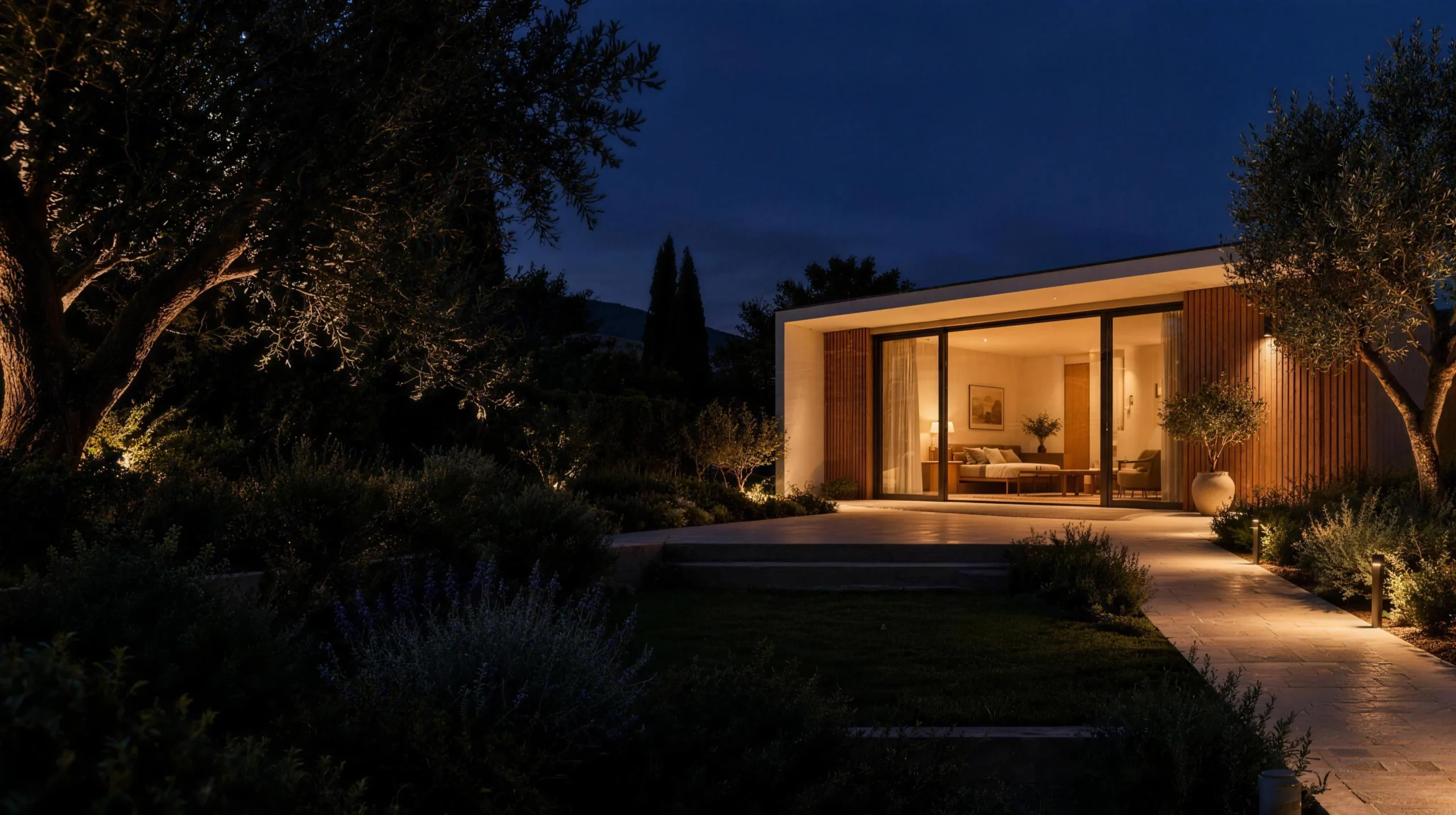Detached ADU glowing at night across a planted garden terrace