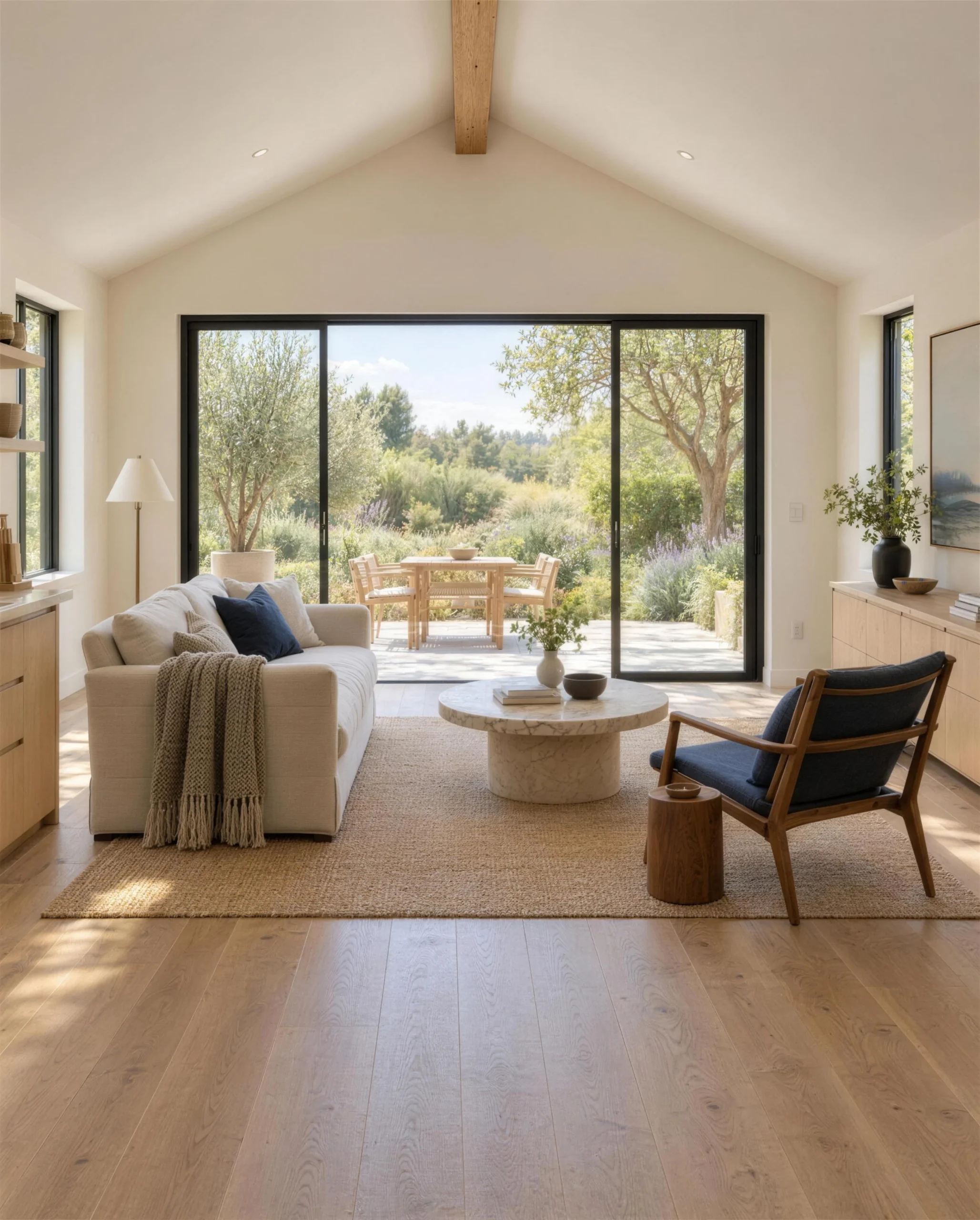 Living area of a detached ADU studio with a vaulted ceiling and sliding glass doors to a garden terrace