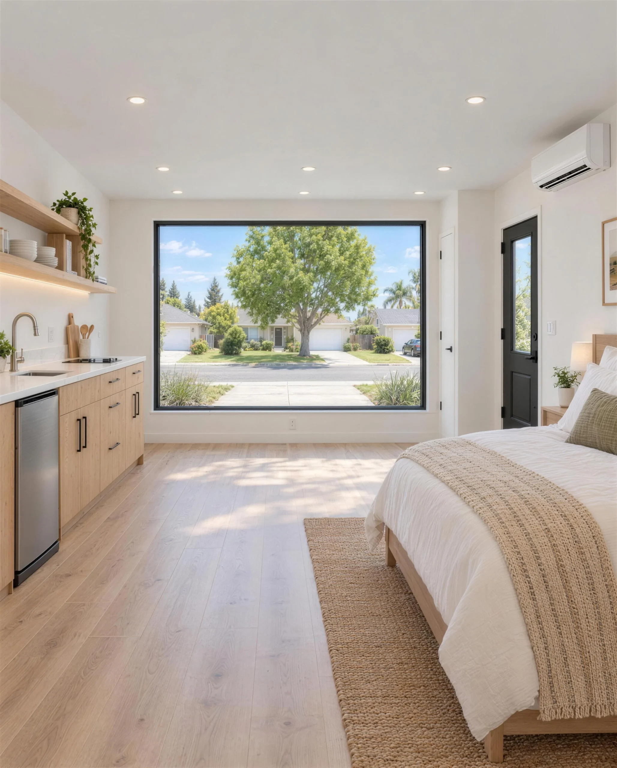 A garage converted into a guest studio, with a large window where the garage door was