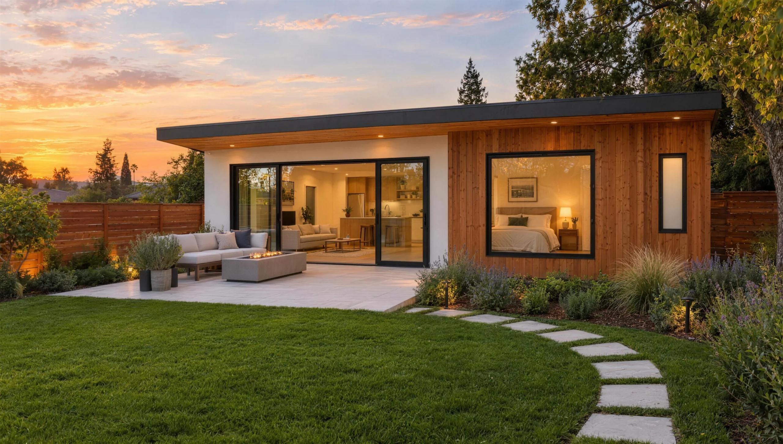 Detached one-bedroom backyard ADU at sunset with a glass-walled living and kitchen wing and a cedar-clad bedroom wing
