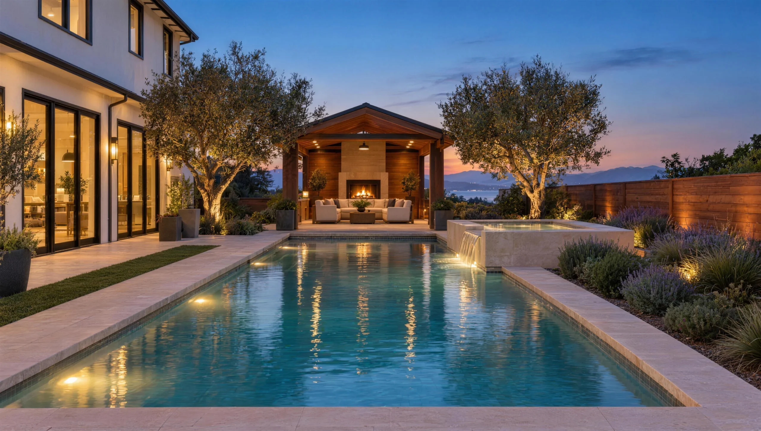 Backyard remodel in San Jose with a lit pool, limestone terrace, olive trees and a cedar pavilion with a fireplace at dusk
