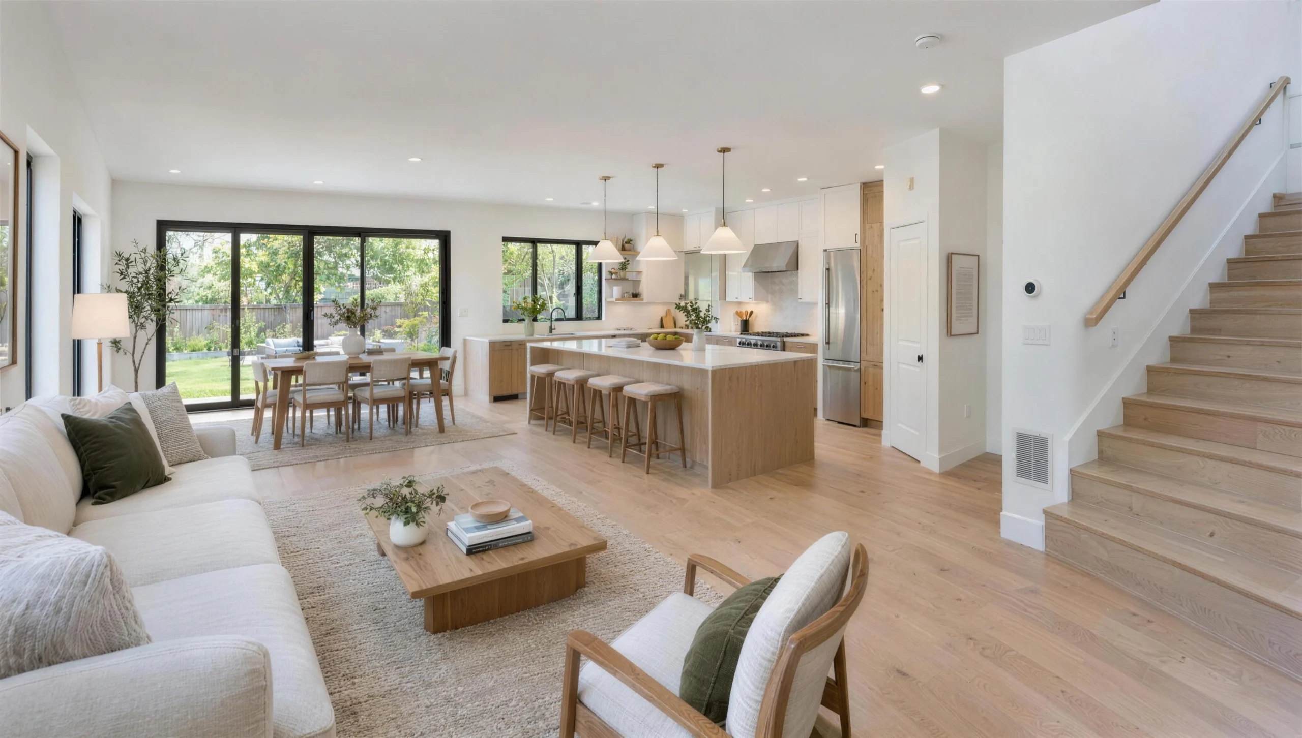Fully remodeled open-plan home with an oak and quartz kitchen island, dining area and glass doors to the garden