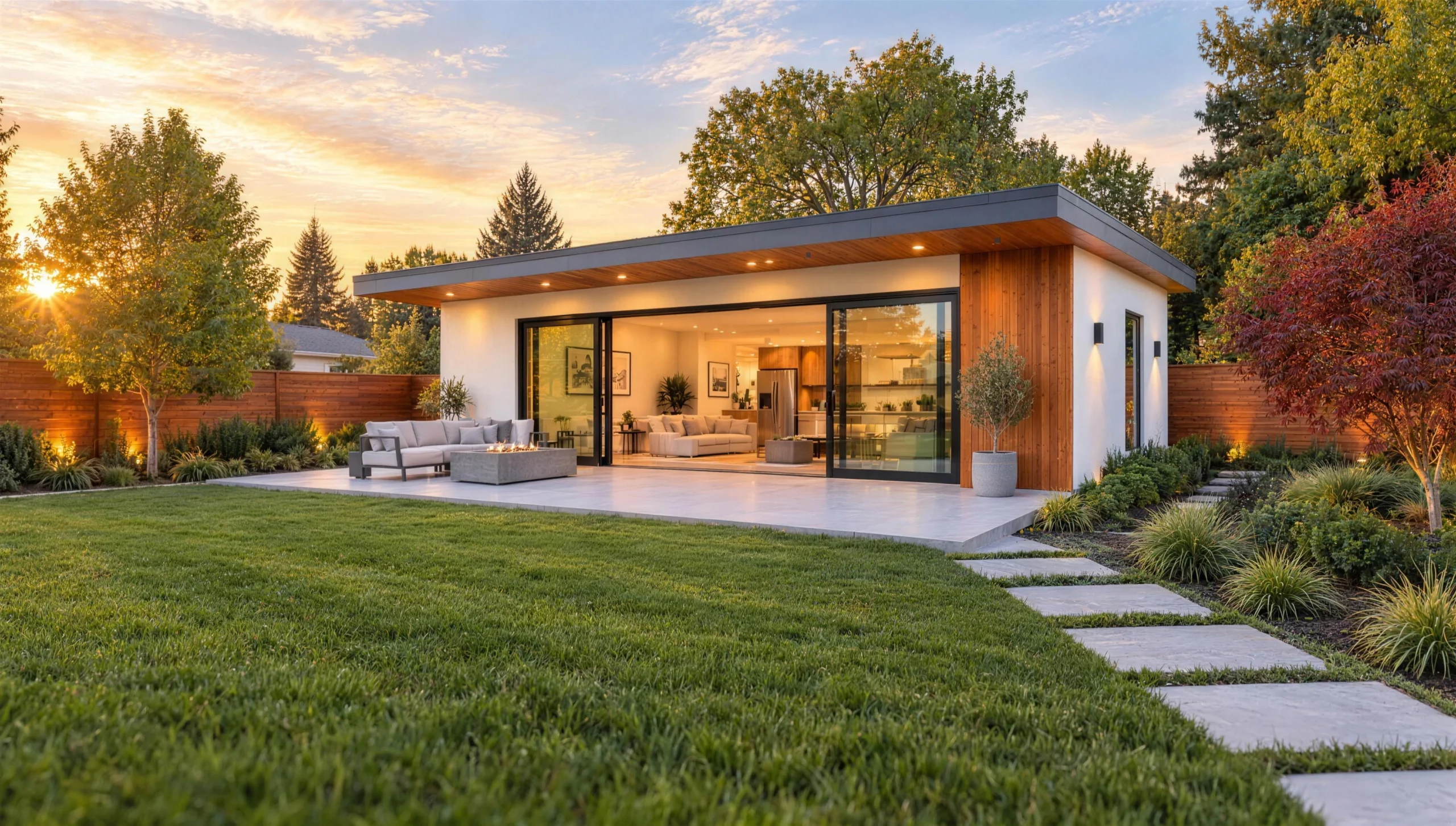 Contemporary detached backyard ADU with white stucco, cedar siding, wall-to-wall glass doors and a fire-table patio