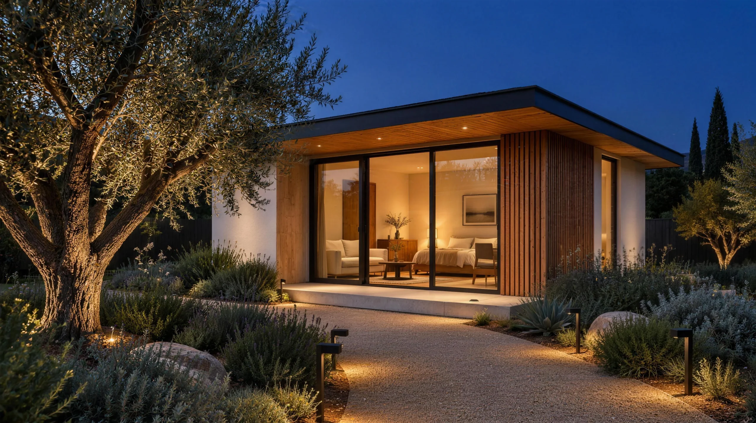 Detached backyard guest house at dusk with glowing full-height glazing
