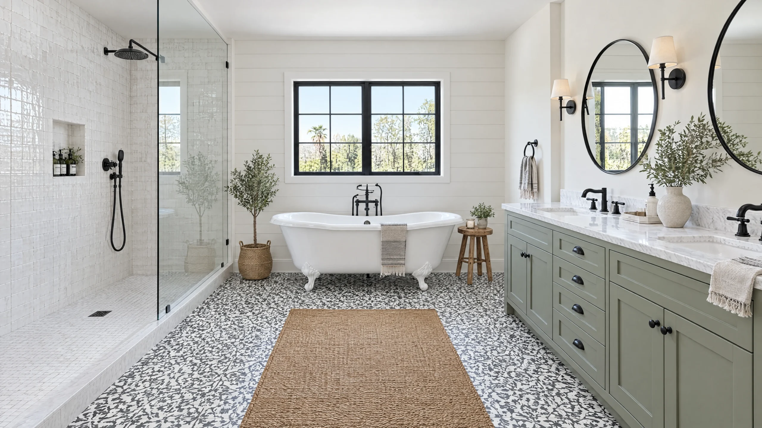 Remodeled modern farmhouse primary bathroom with a clawfoot tub under a black-framed window, glass walk-in shower and sage green double vanity