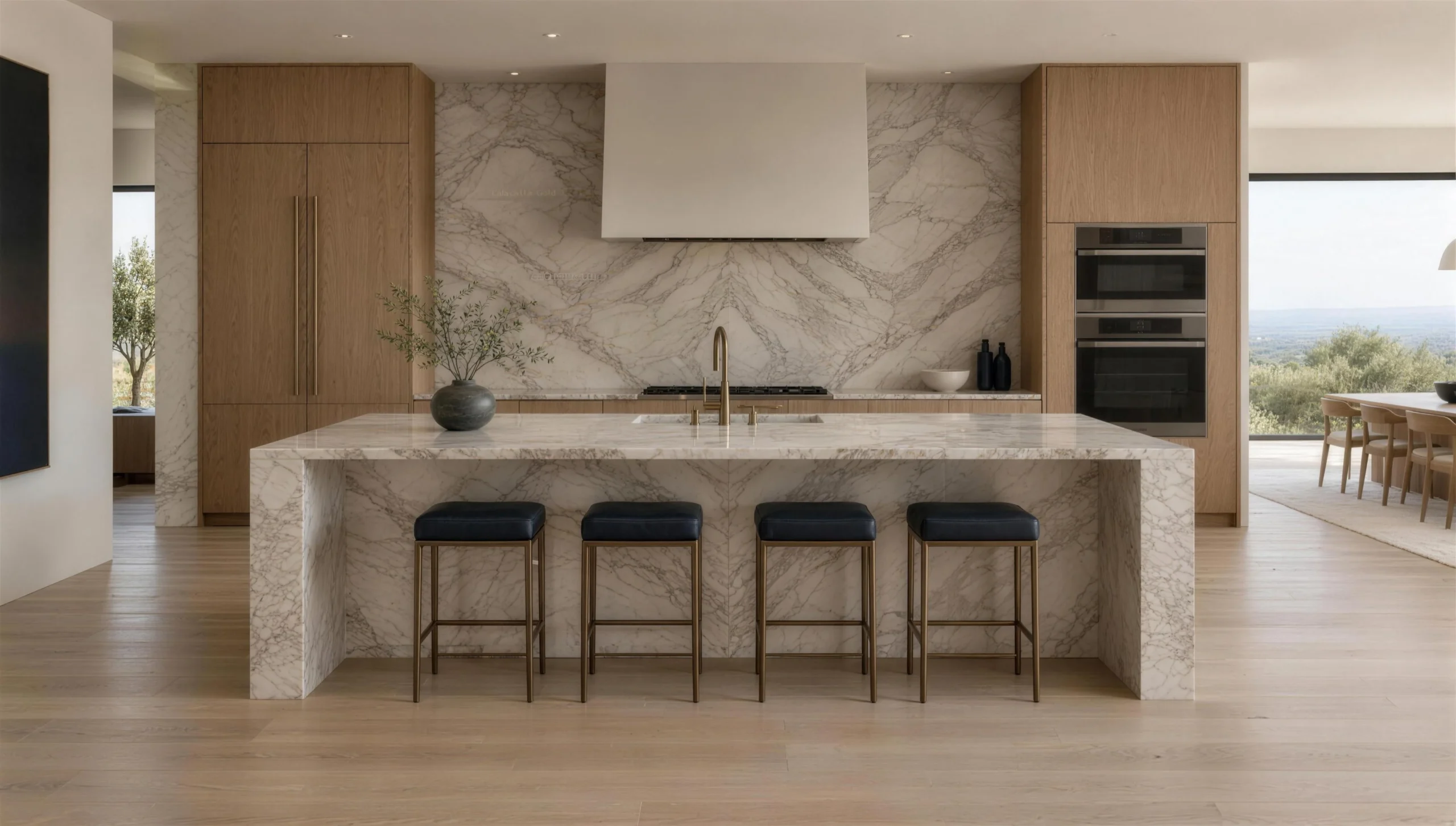 Kitchen with book-matched marble waterfall island and warm oak cabinetry