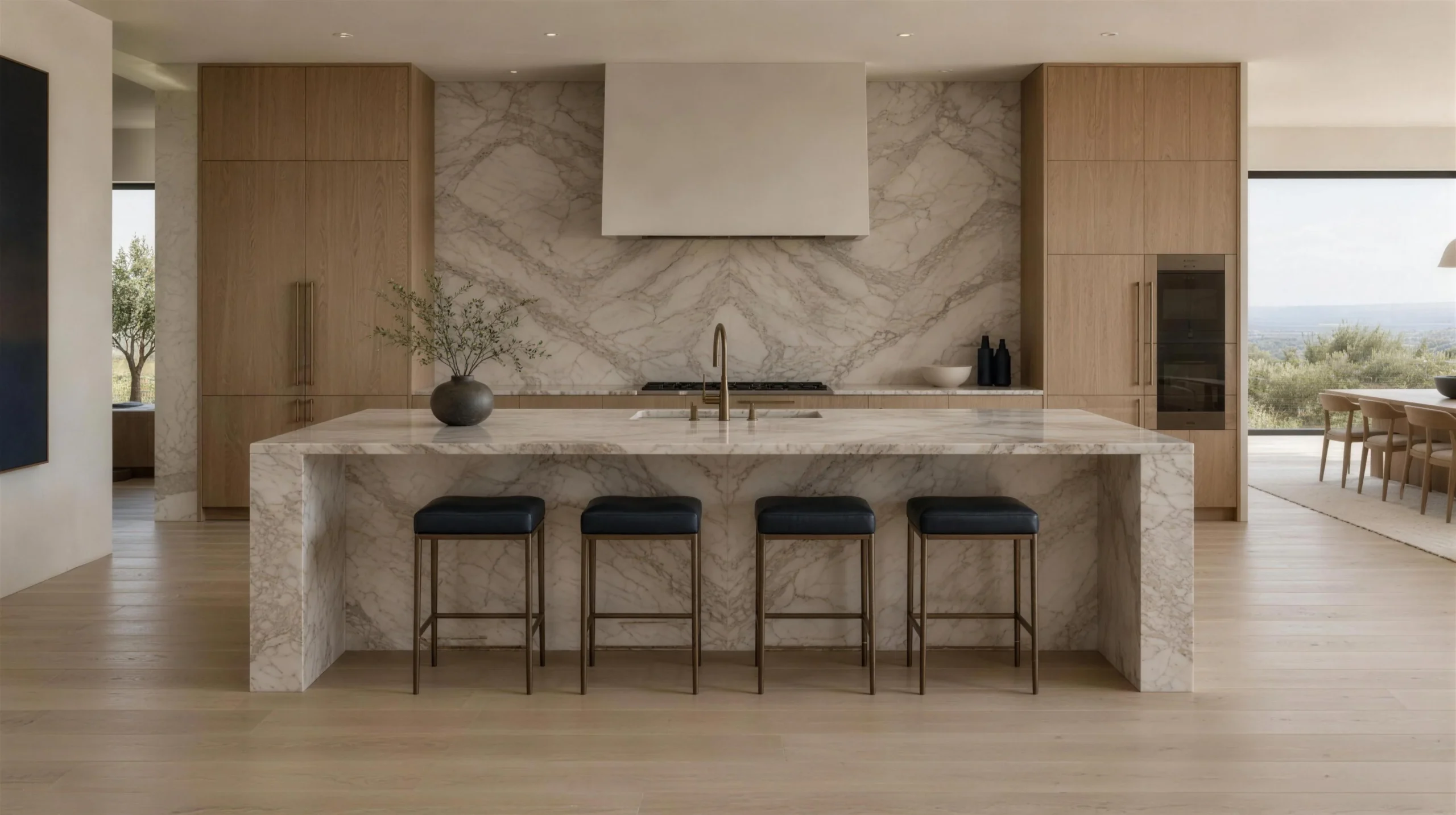 Kitchen with book-matched marble waterfall island and warm oak cabinetry