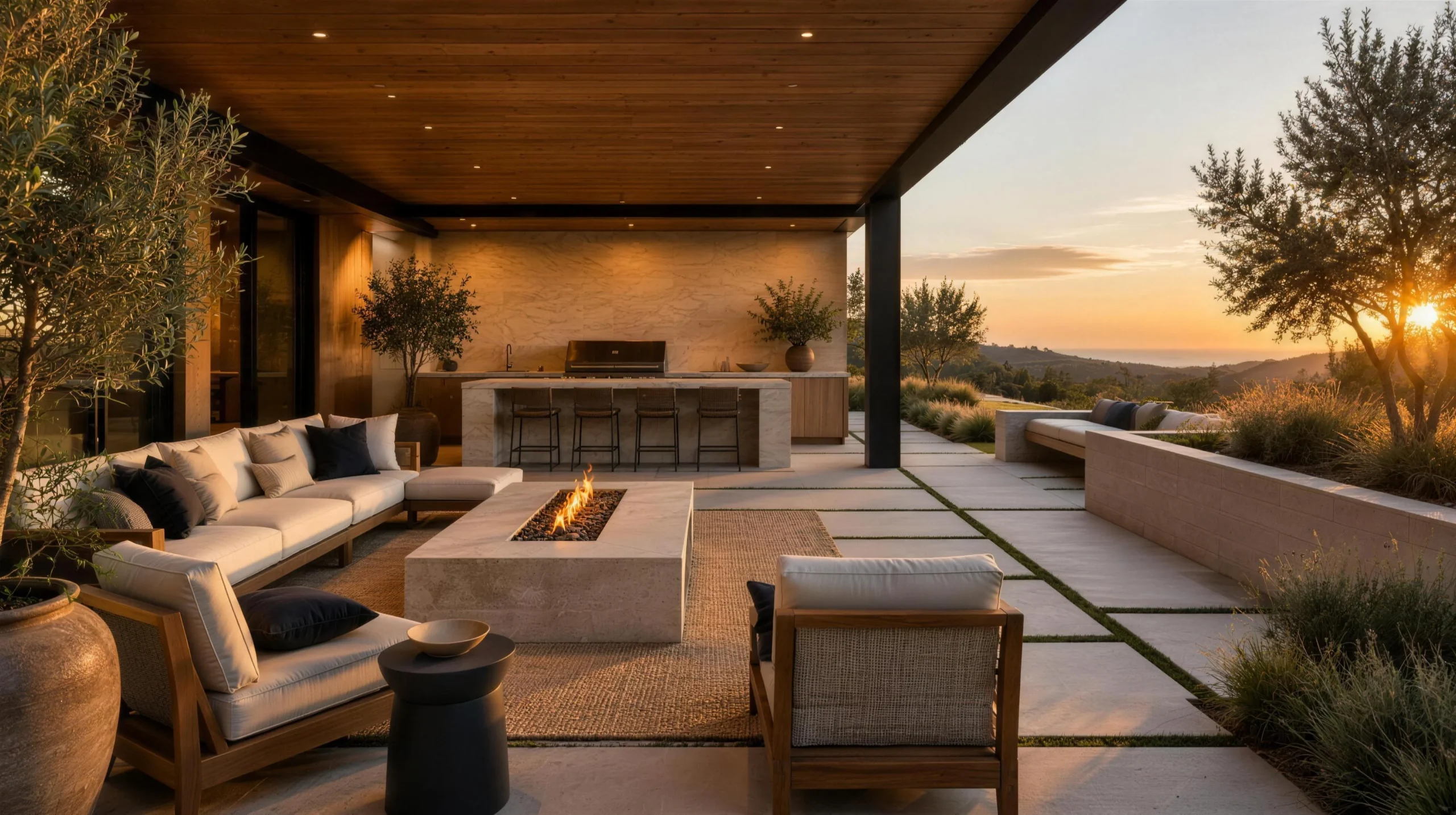 Covered outdoor living room, built-in kitchen and firepit at golden hour