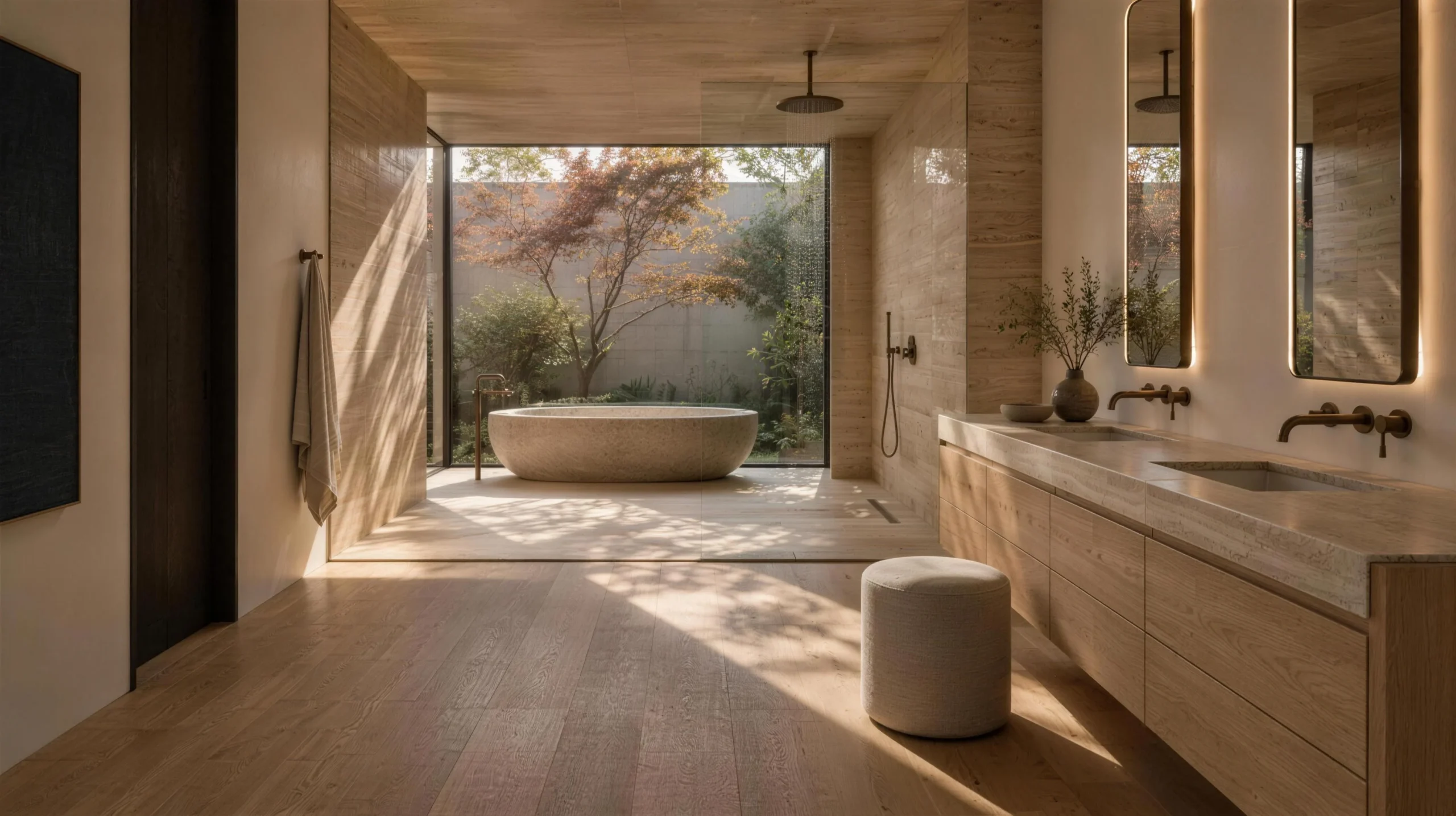 Primary bathroom with a travertine wet room, stone soaking tub and double oak vanity