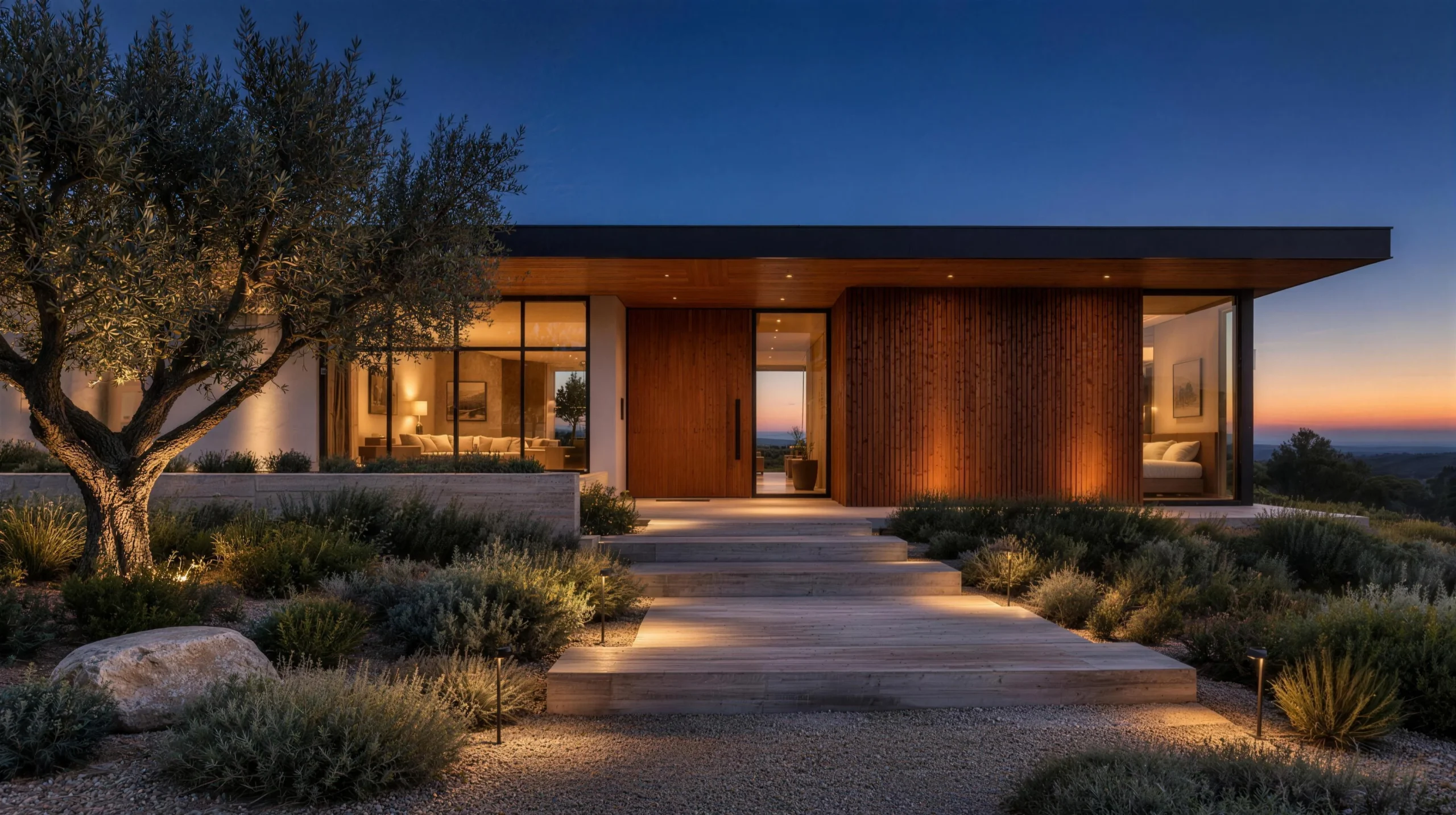 Contemporary Bay Area home at twilight with warm interior light