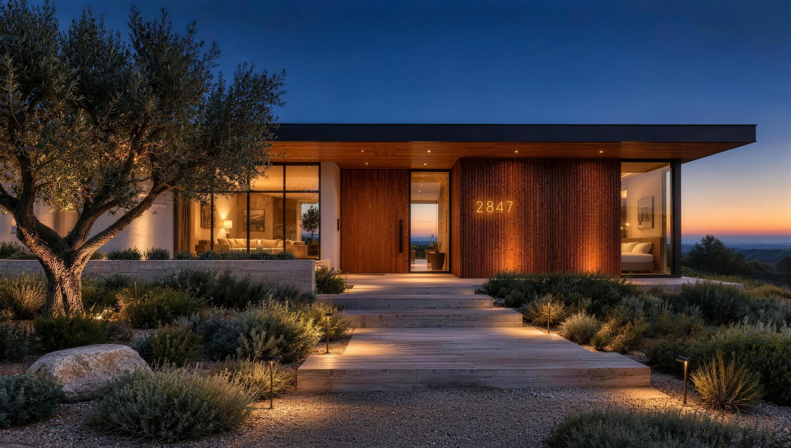 Contemporary Bay Area home at twilight with warm interior light