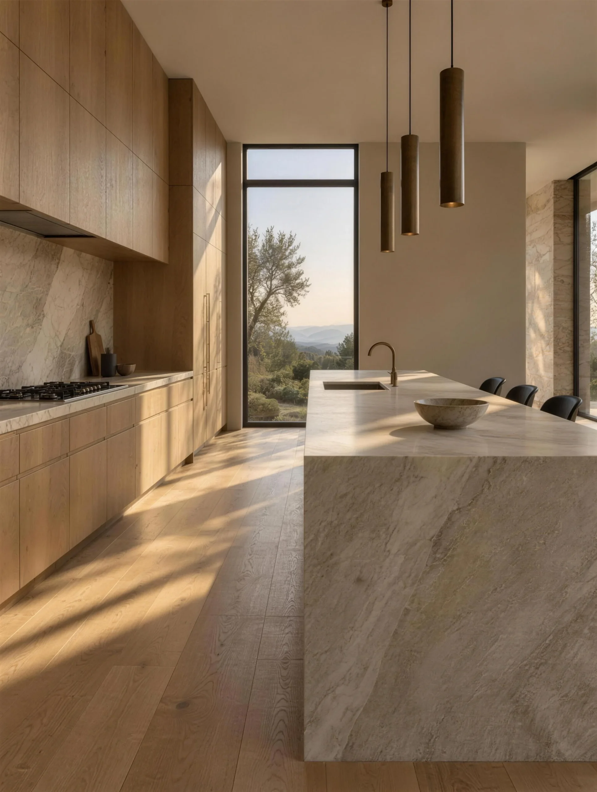 Kitchen remodel with a honed marble waterfall island, bronze pendants and warm white oak cabinetry