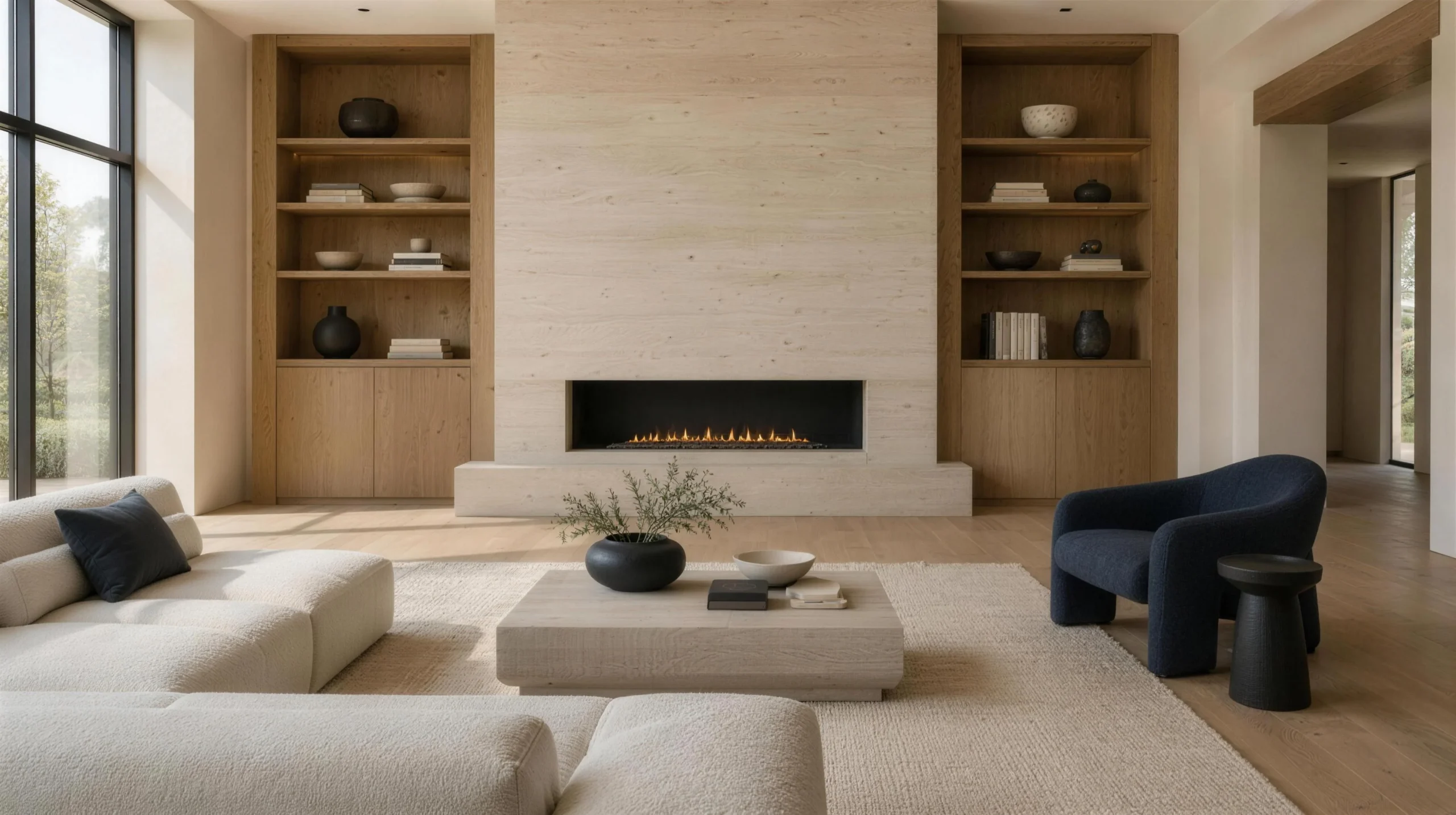 Living room with full-height oak built-ins and a limestone fireplace wall