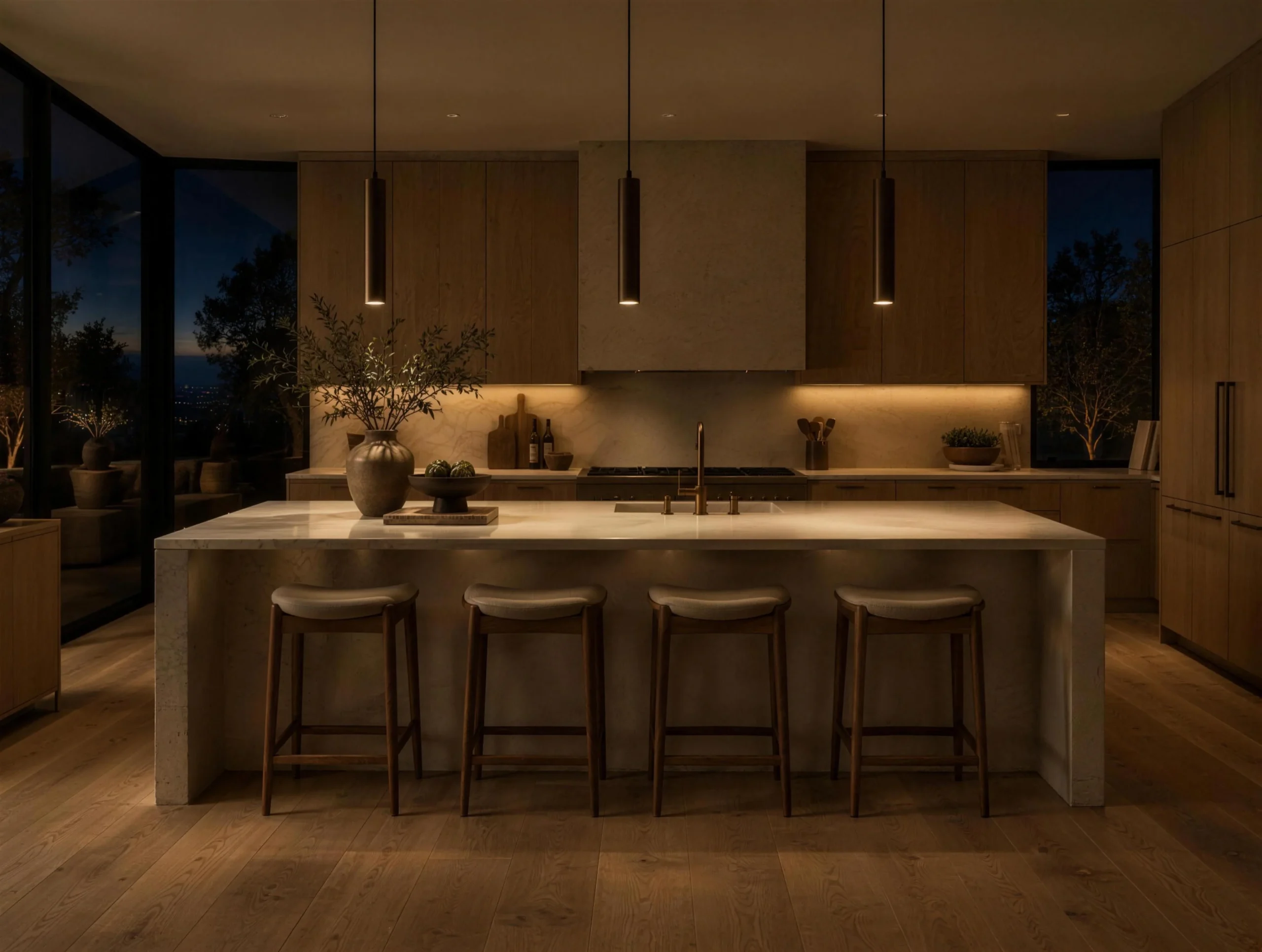 Luxury kitchen at night with bronze pendant lighting over a honed stone island