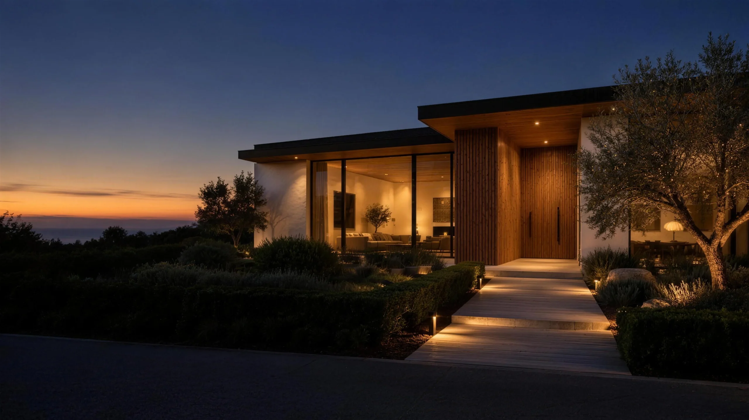 Newly built contemporary home in San Jose at dusk with a lit entry path