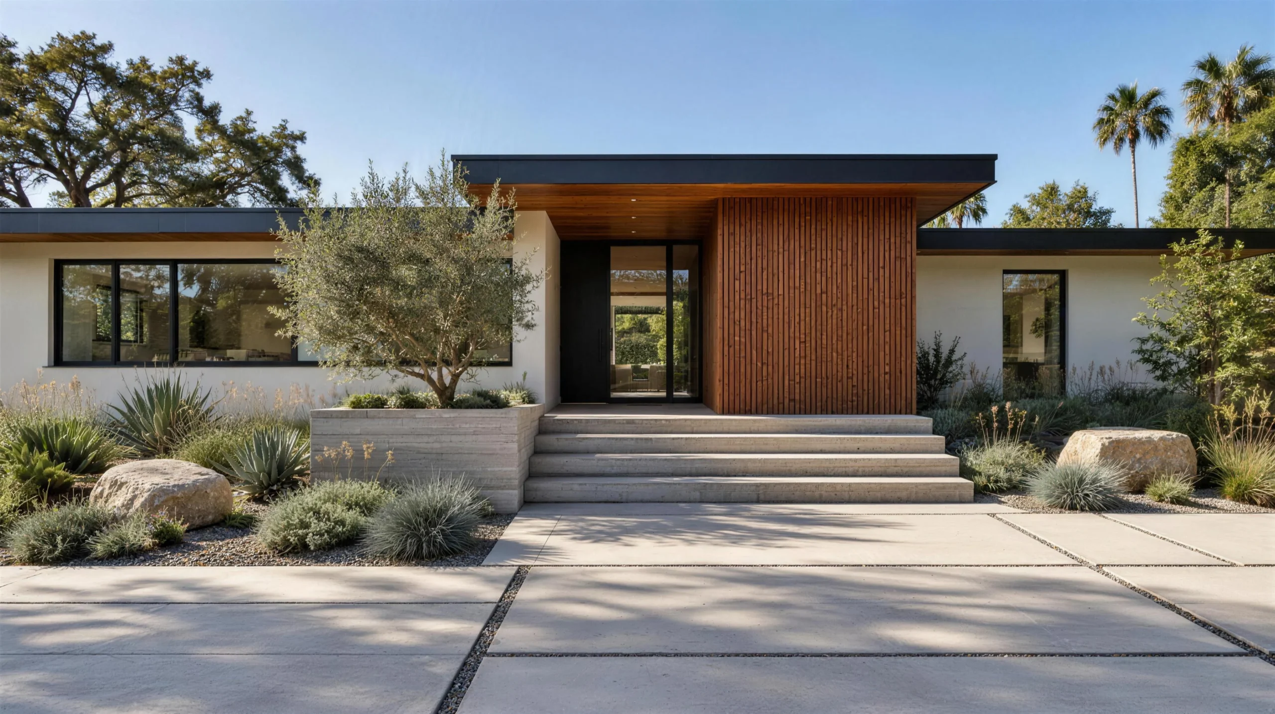 Completed contemporary home seen from the street in afternoon light