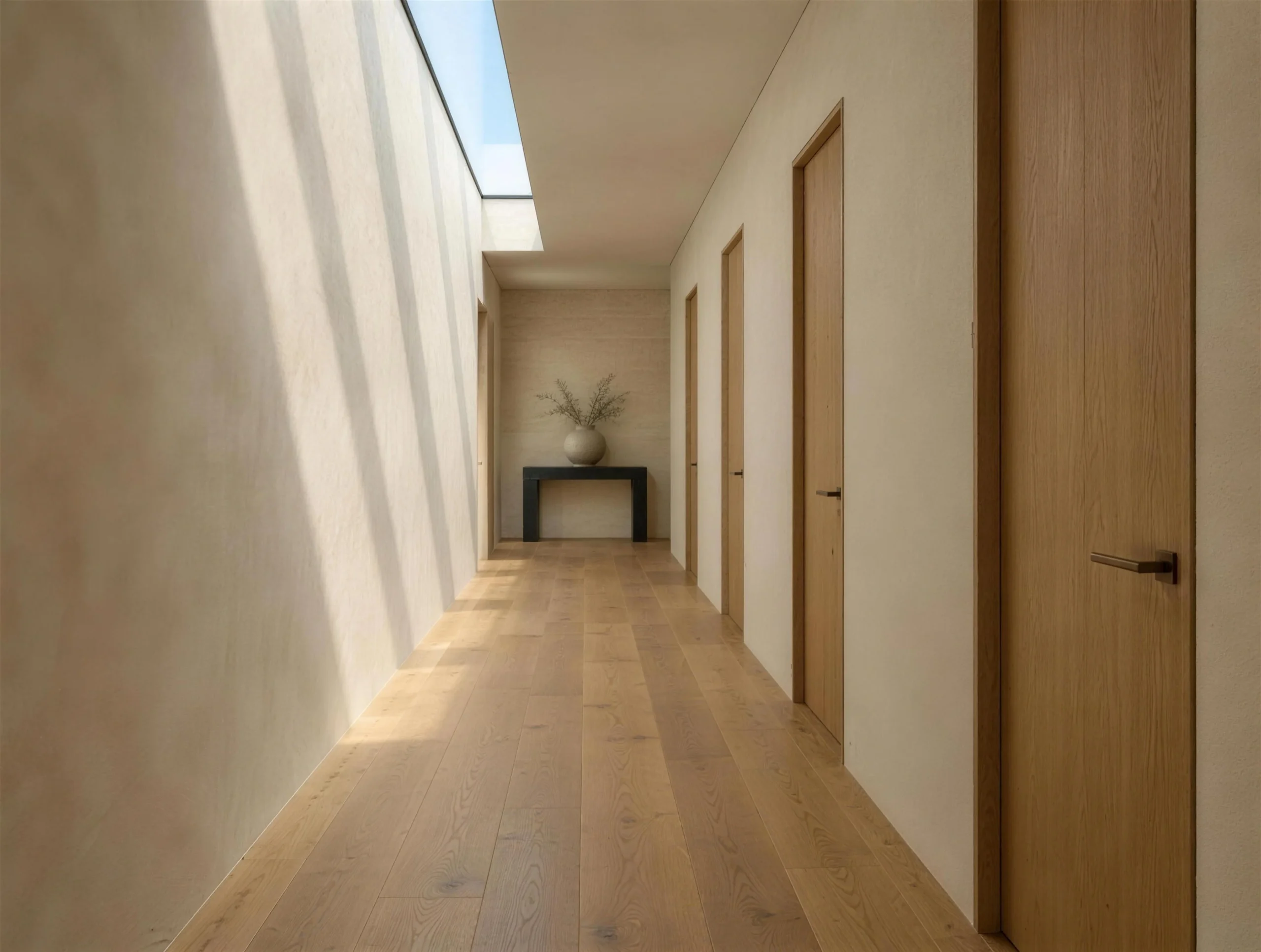 Hallway with a slot skylight, oak floor and flush oak doors
