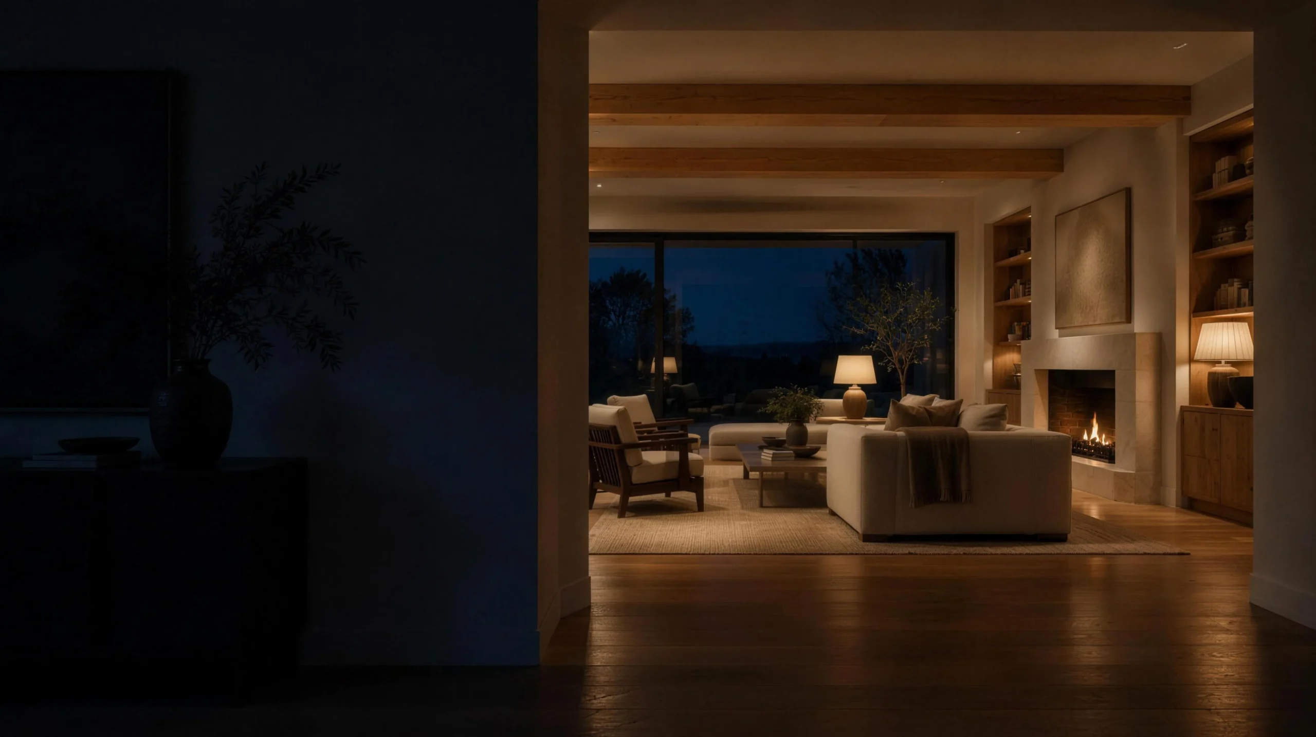 Newly built home interior at dusk looking through to a warmly lit living space