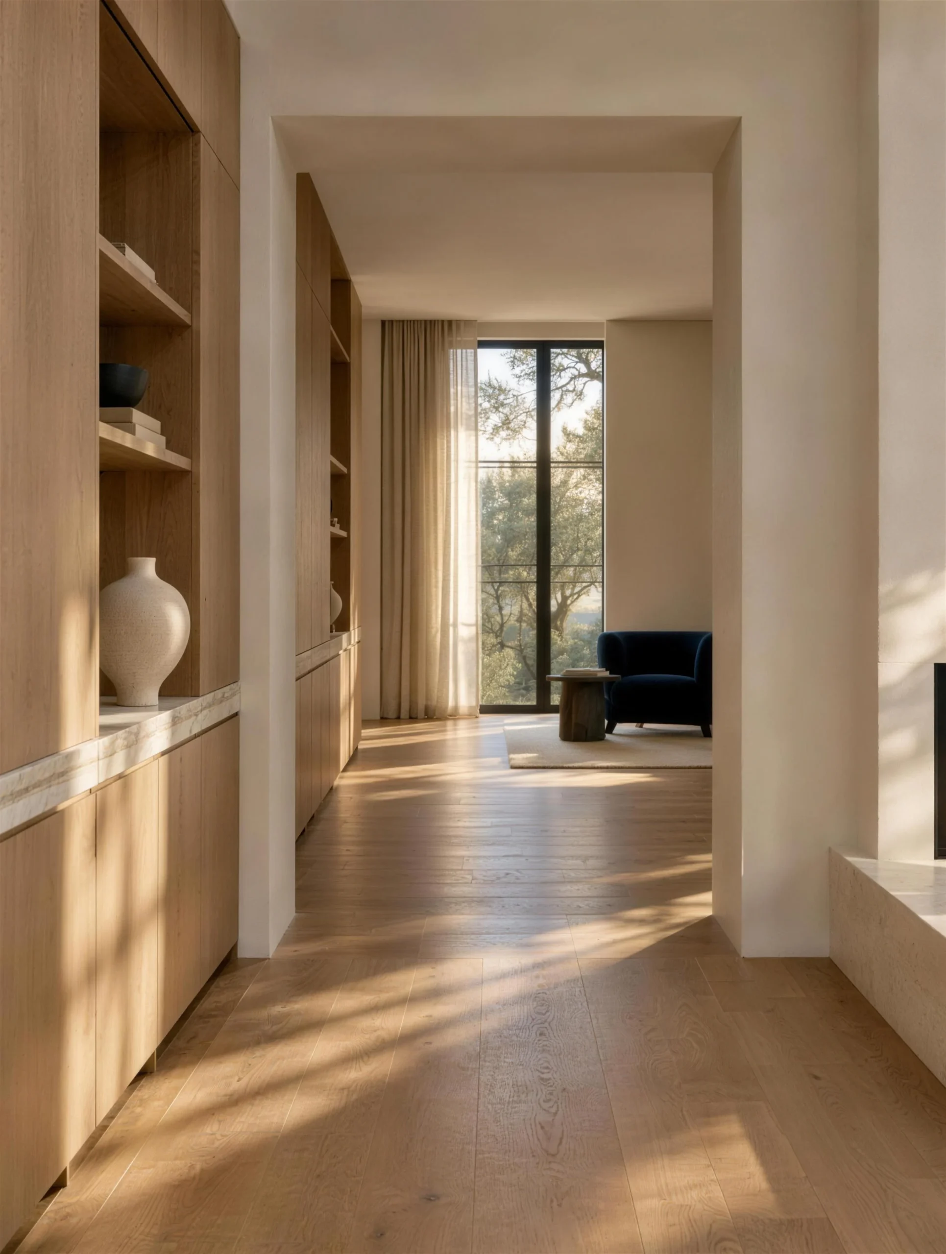 Remodelled interior looking down an oak floor past built-in millwork to a tall window