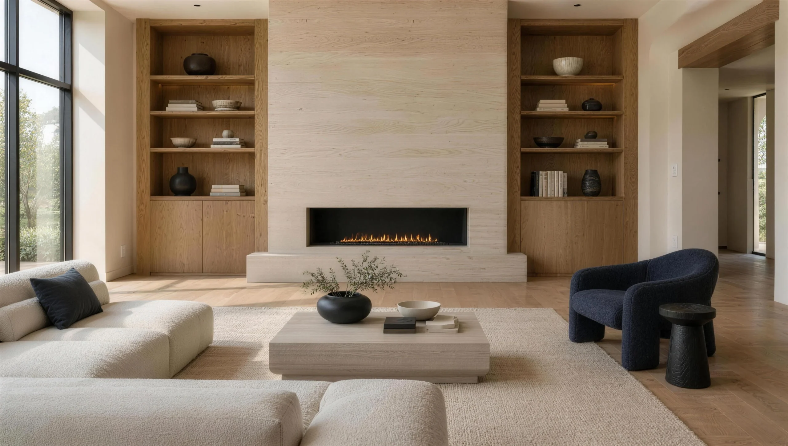 Living room with full-height oak built-ins and a limestone fireplace wall