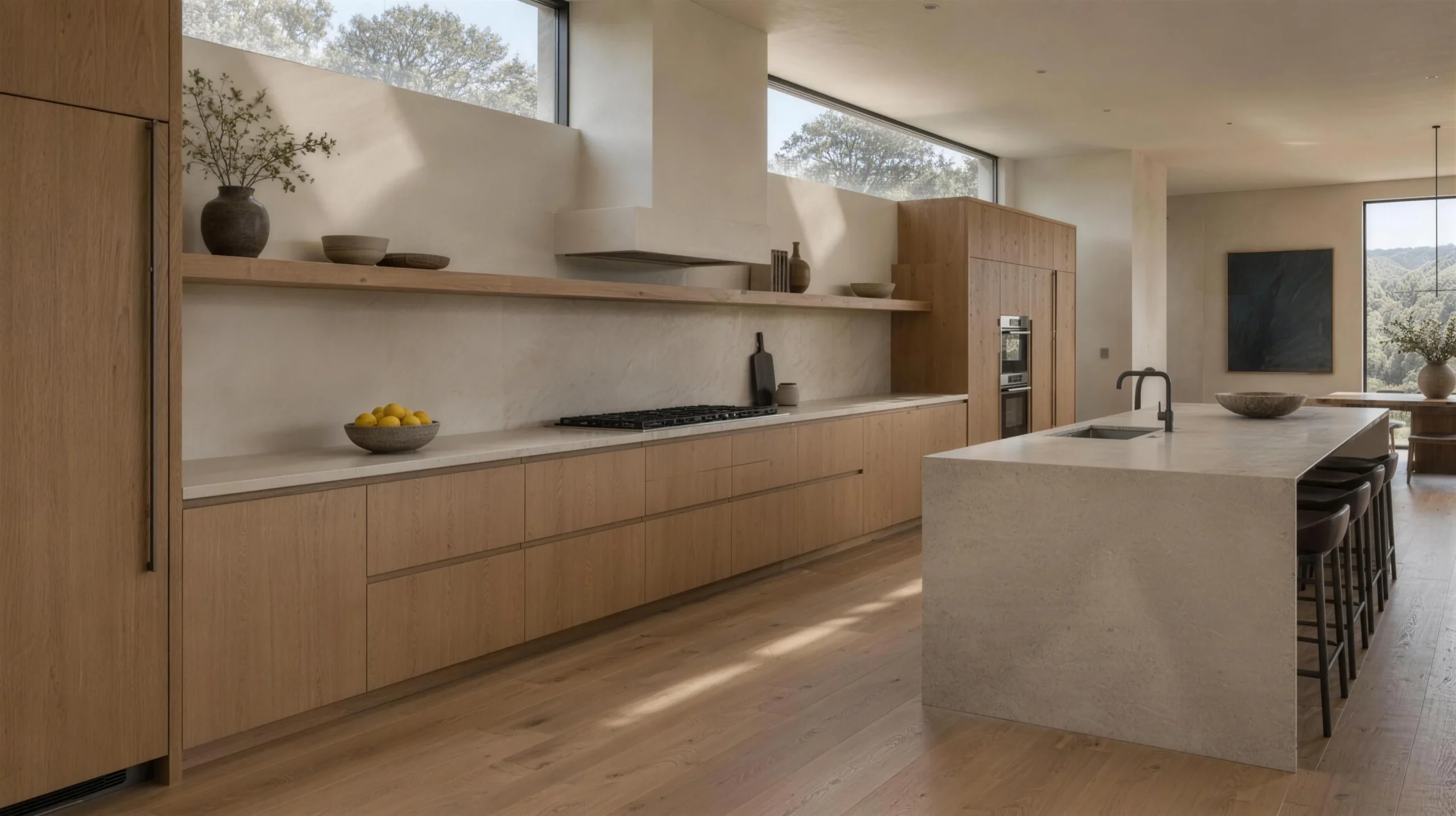 Kitchen with a long run of oak cabinetry and honed stone counters