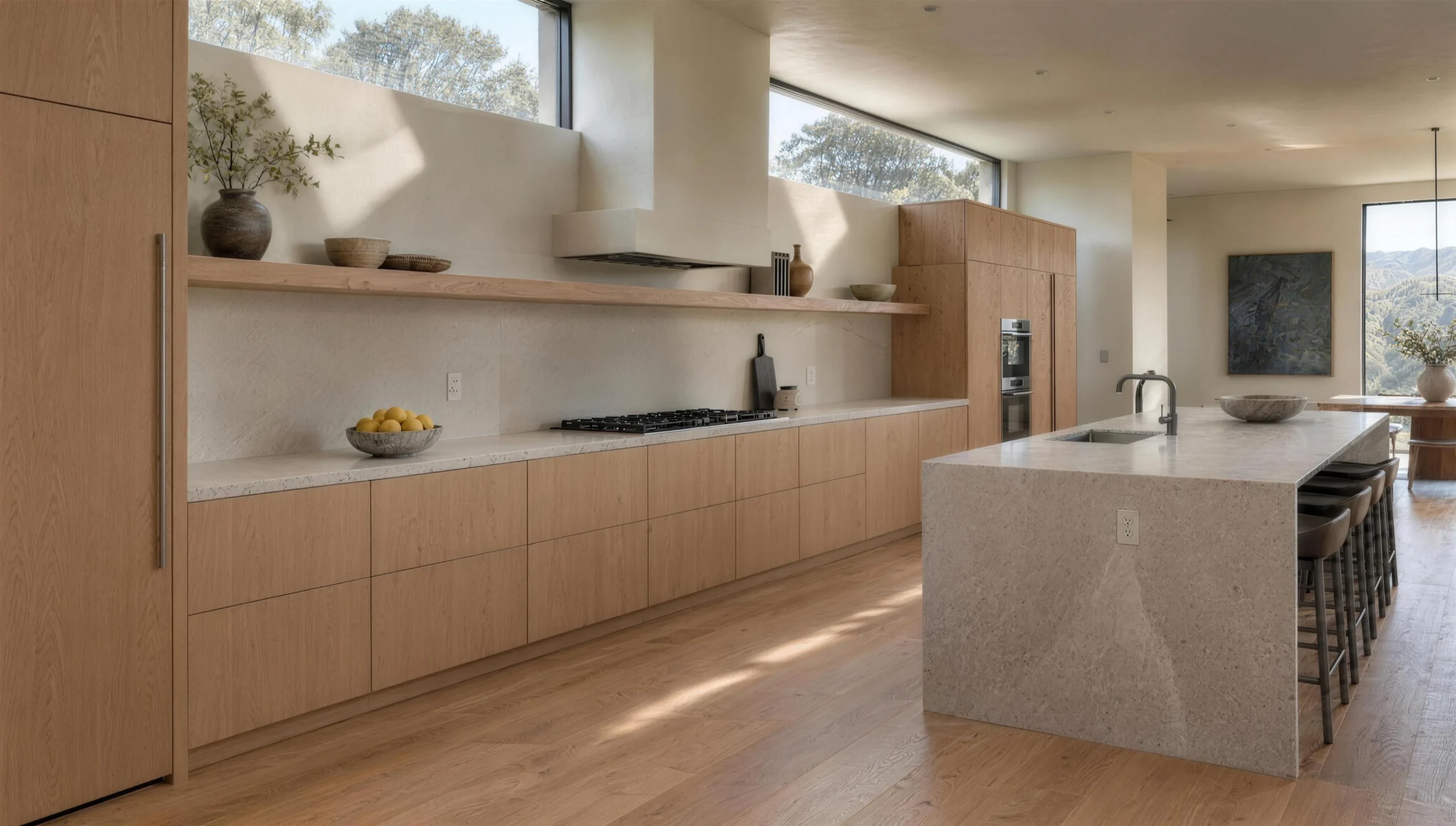 Kitchen with a long run of oak cabinetry and honed stone counters