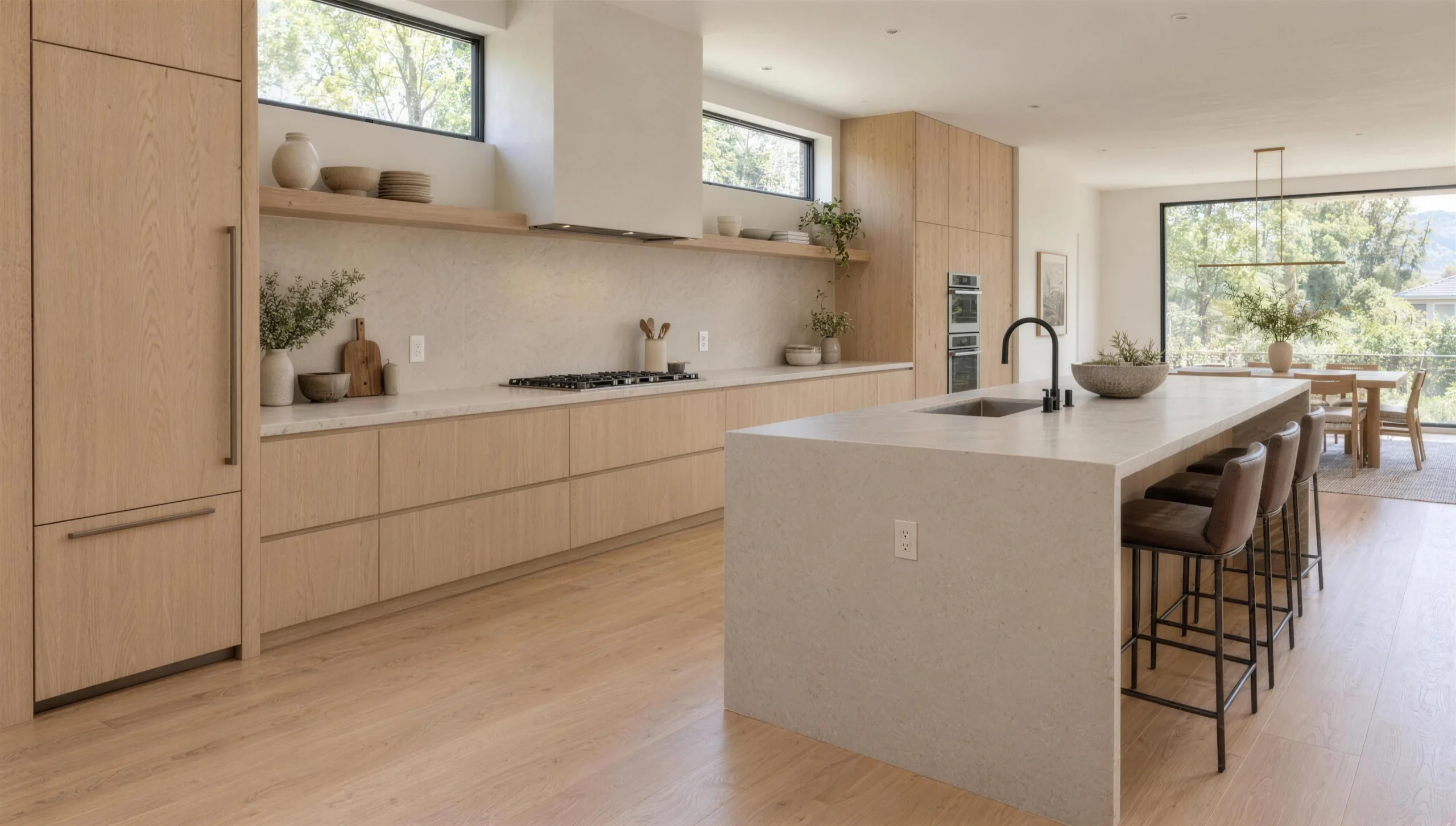 Kitchen with a long run of oak cabinetry and honed stone counters